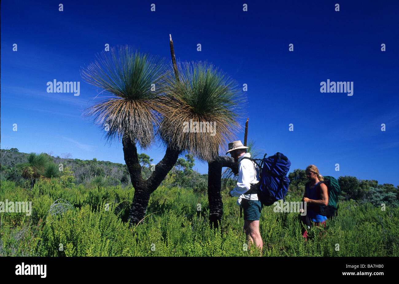 Two hikers looking at a grasstree, Leeuwin-Naturaliste National Park, grasstrees along the Cape to Cape Walk, Western Austalia Stock Photo