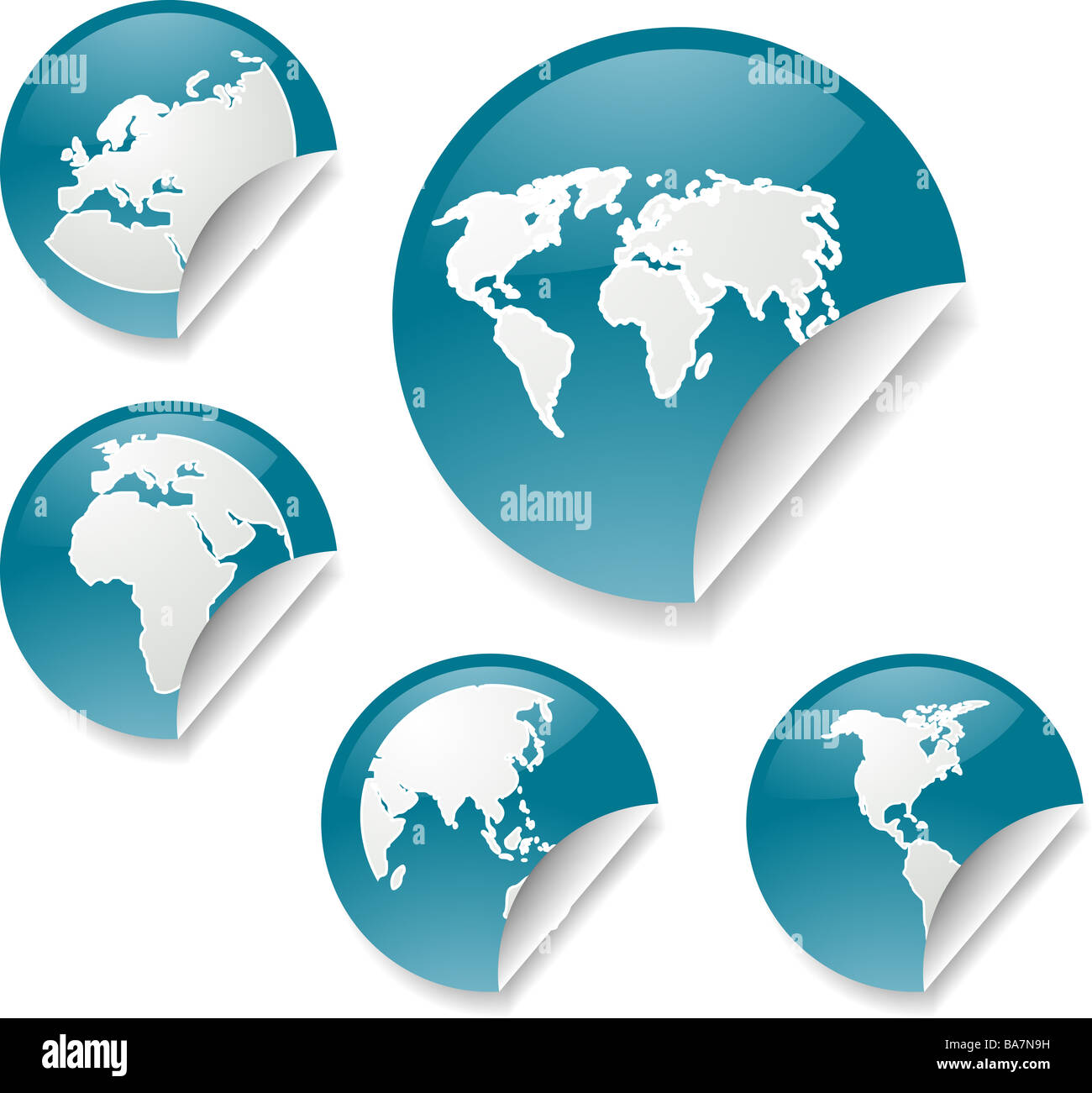 World map icons on round sticker shapes Stock Photo - Alamy