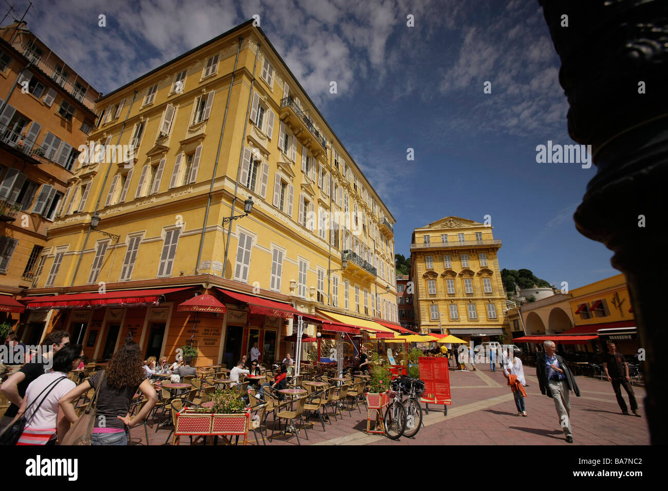 Restaurants and cafes at Marche aux Fleurs, Nice, Cote d'Azur, Provence, France Stock Photo
