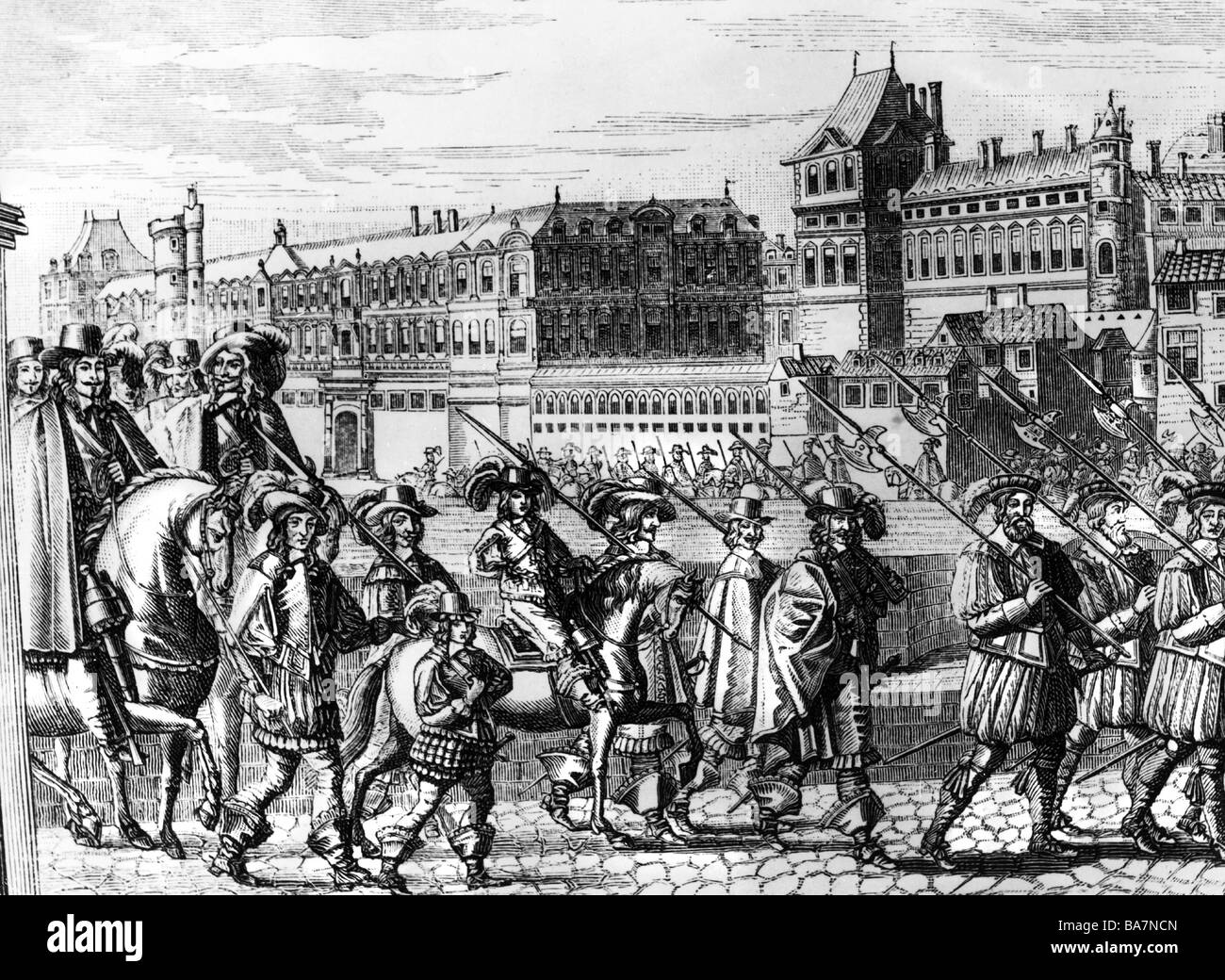Louis XIV, 5.9.1638 - 1.9.1715, King of France 1643 - 1715, entering Paris, 18.8.1649, next to him his brother Philippe of Orleans, contemporary copper engraving, Artist's Copyright has not to be cleared Stock Photo