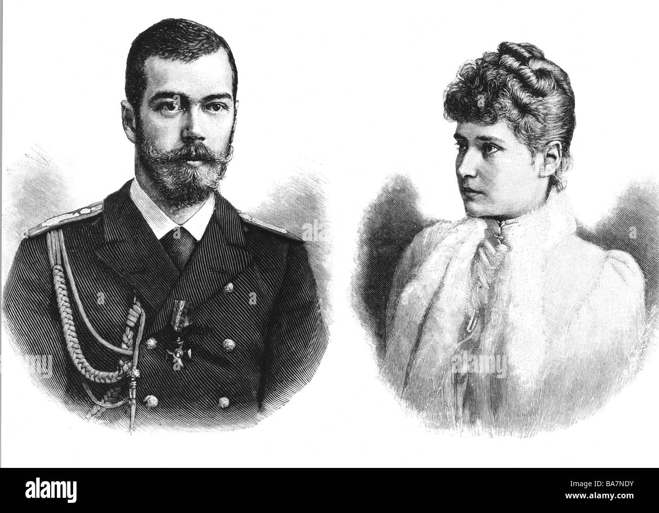 Nicholas II Alexandrovich, 6.5.1868 - 16.7.1918, Emperor of Russia 21.10.1894 - 2.3.1917, portrait, with fiance Alix of Hesse, wood engraving, 1894,  , Artist's Copyright has not to be cleared Stock Photo