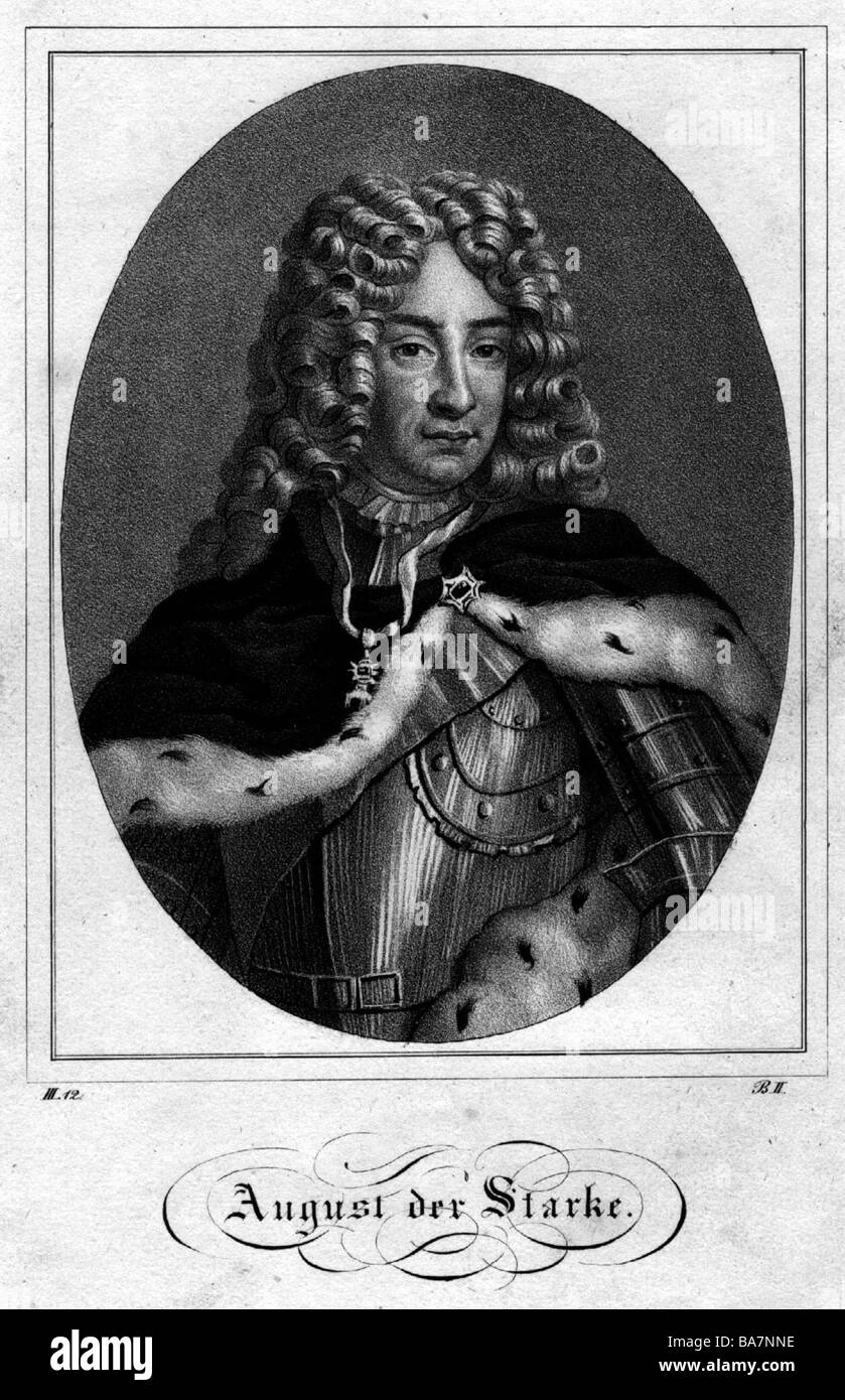 Frederick Augustus I 'the Strong', 12.5.1670 - 1.2.1733, Elector of Saxony since 27.4.1694, King of Poland since 15.9.1697, portrait, oval, steel engraving, 19th century, after contemporaneous image, Artist's Copyright has not to be cleared Stock Photo