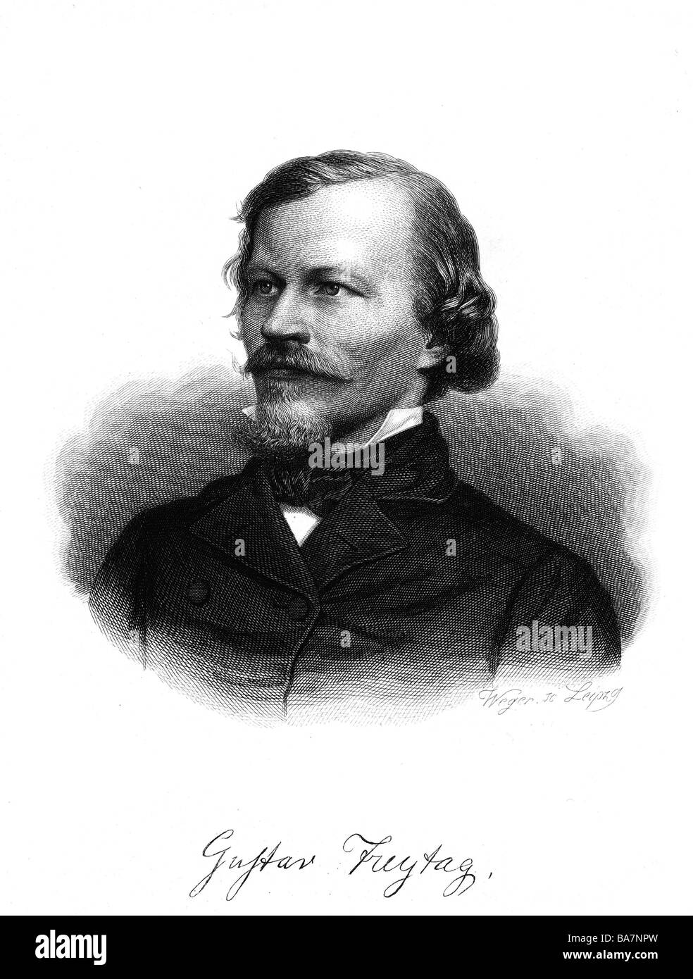 Freytag, Gustav, 13.7.1816 - 30.4.1895, German author / writer, portrait, steel engraving by August Weger (1823 - 1892), Artist's Copyright has not to be cleared Stock Photo