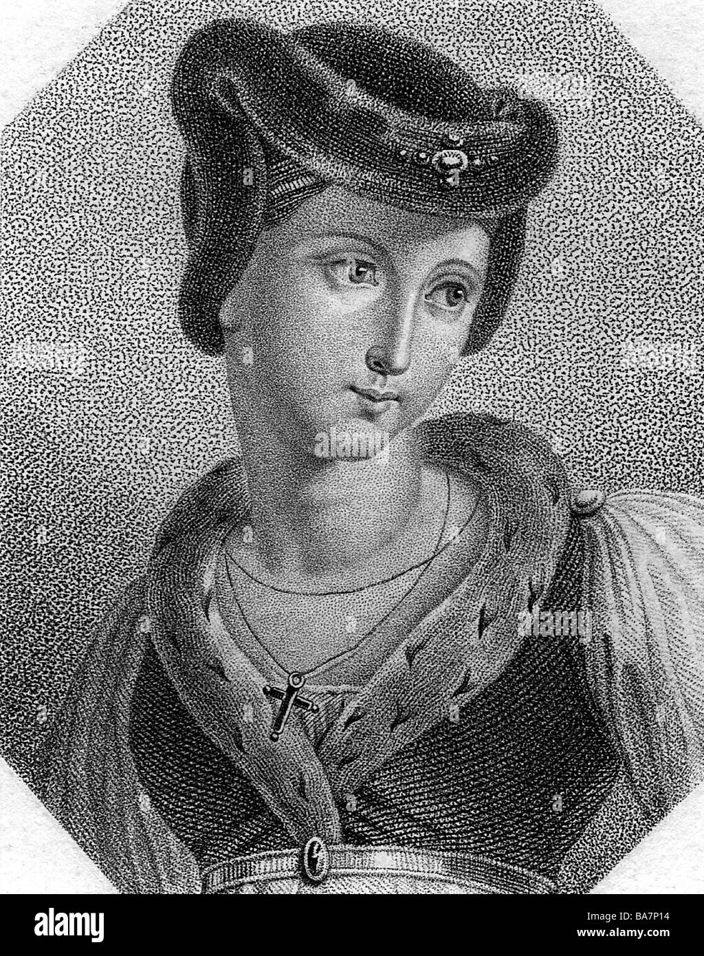 Sorel (Soreau), Agnes, circa 1421 - 9.2.1450, mistress of King Charles VII of France, portrait, copper engraving by C.T. Riedel after drawing by A. Desenne, octagonal, 9 x 7 cm, Artist's Copyright has not to be cleared Stock Photo