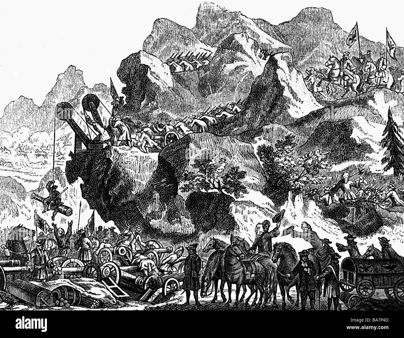 events, War of the Spanish Succession 1701 - 1714, the Imperial army commanded by Prince Eugene of Savoy is crossing the Trentinian Alps into Italy, 1701, copper engraving, 'Theatrum Europaeum', volume 16, publiched by Matthaeus Merian descendants, Frankfurt am Main, 1708, , Artist's Copyright has not to be cleared Stock Photo