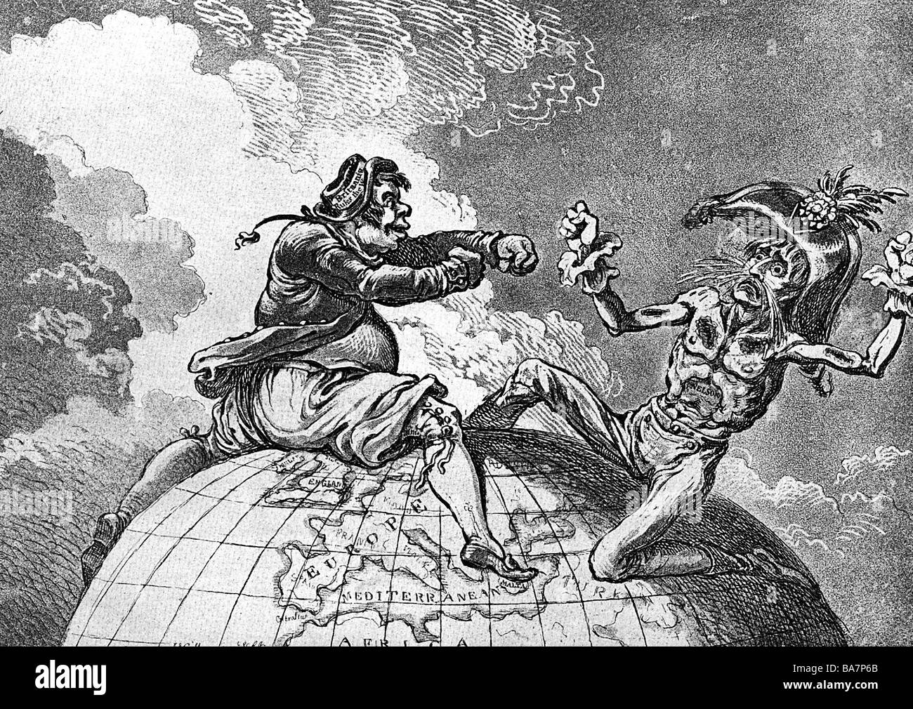 Napoleon I, 15.8.1769 - 5.5. 1821, Emperor of the French 2.12.1804 - 22.6.1815, caricature, fighting with John Bull about world domination, copper engraving by James Gillray, 1798, Artist's Copyright has not to be cleared Stock Photo