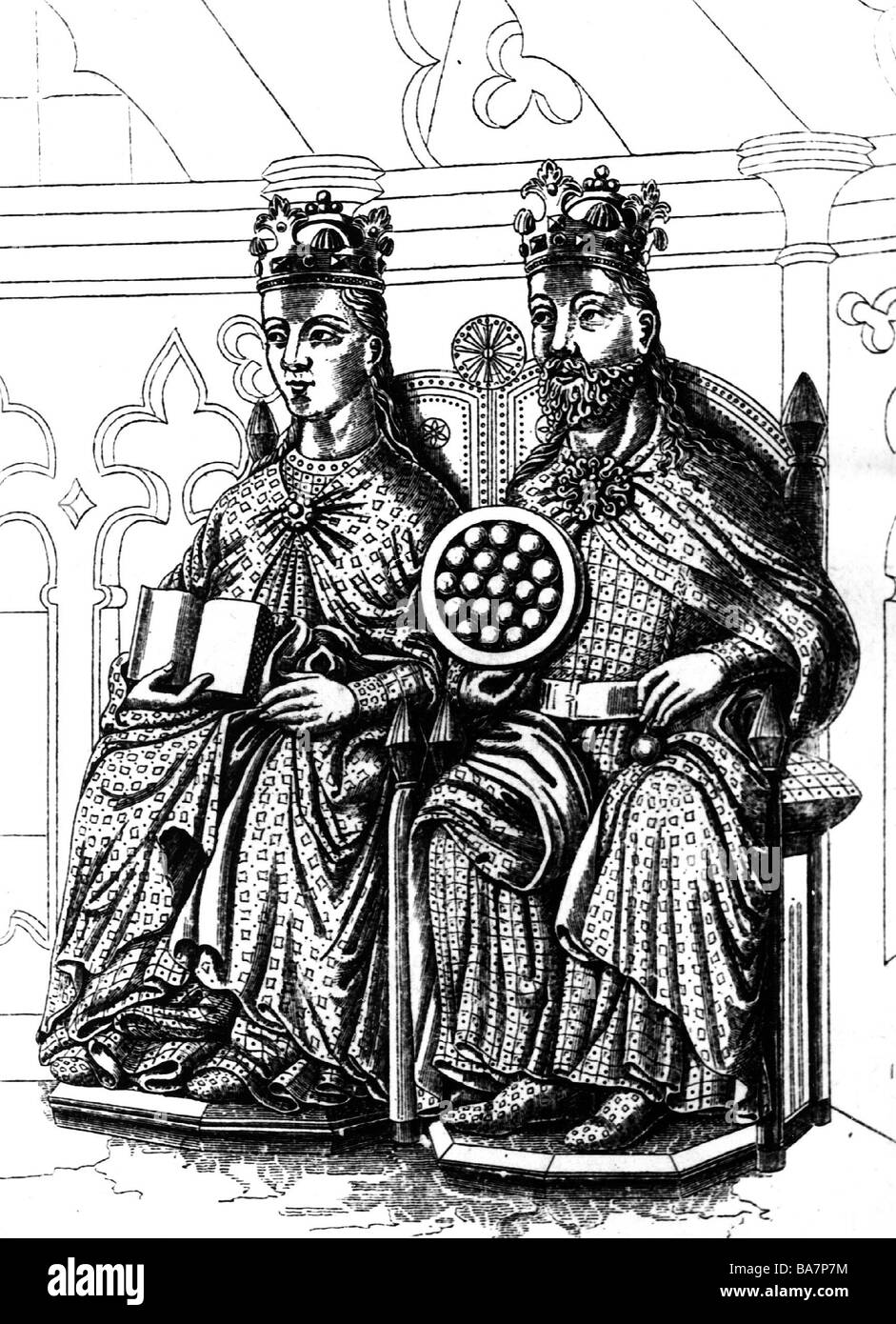 Otto I 'the Great', 23.11.912 - 7.5.973, Holy Roman Emperor 2.2.962 - 7.5.973, with wife Editha, sculpture, chapel of Magdeburg Cathredral, 10th century, wood engraving, 19th century, Stock Photo