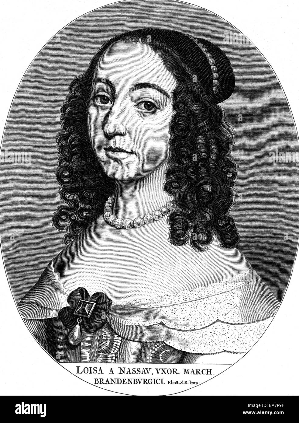 Luise Henriette of Nassau, 7.12.1627 - 18.6.1667, Electress of Brandenburg 7.12.1646 - 18.6.1667, portrait, copper engraving by J. Brouwer after painting by Gerart van Hondhorst, 17th century, Artist's Copyright has not to be cleared Stock Photo