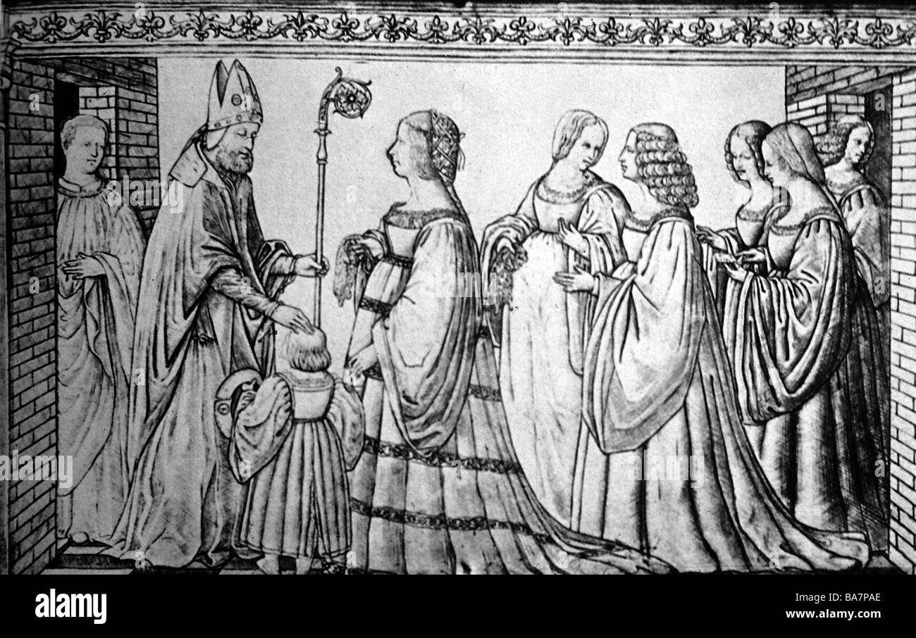 Borgia, Lucrezia, 18.4.1480 - 24.6.1519, daughter of pope Alexander VI, introducing his son Ercole to her father, votiv picture, San Georgio Maggiore, Ferrara, Stock Photo