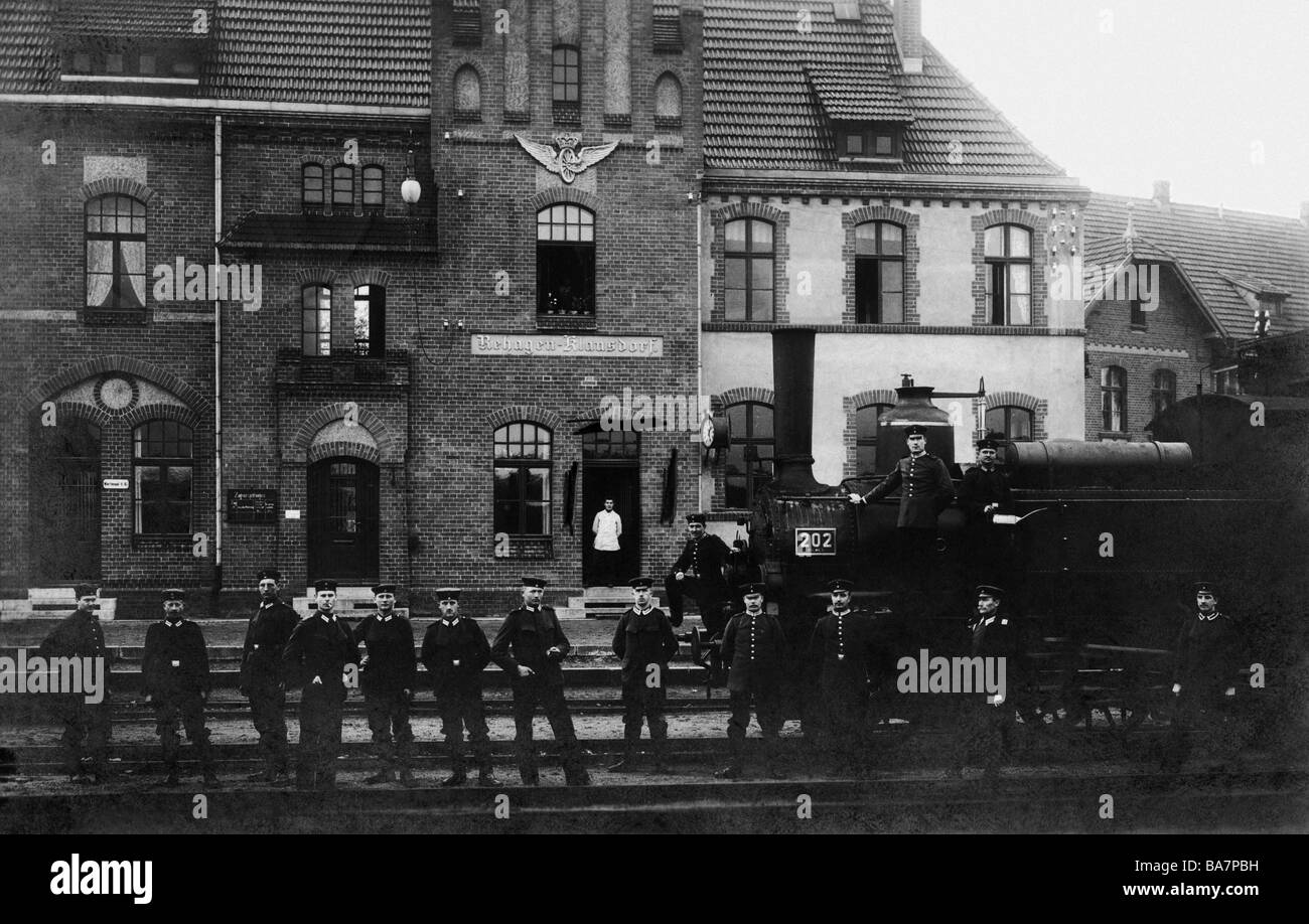 transport / transportation, railway, railway station, Germany, Rehagen/Clausdorf, soldiers with locomotive, picture postkarte, stamped 9.12.1909, Stock Photo