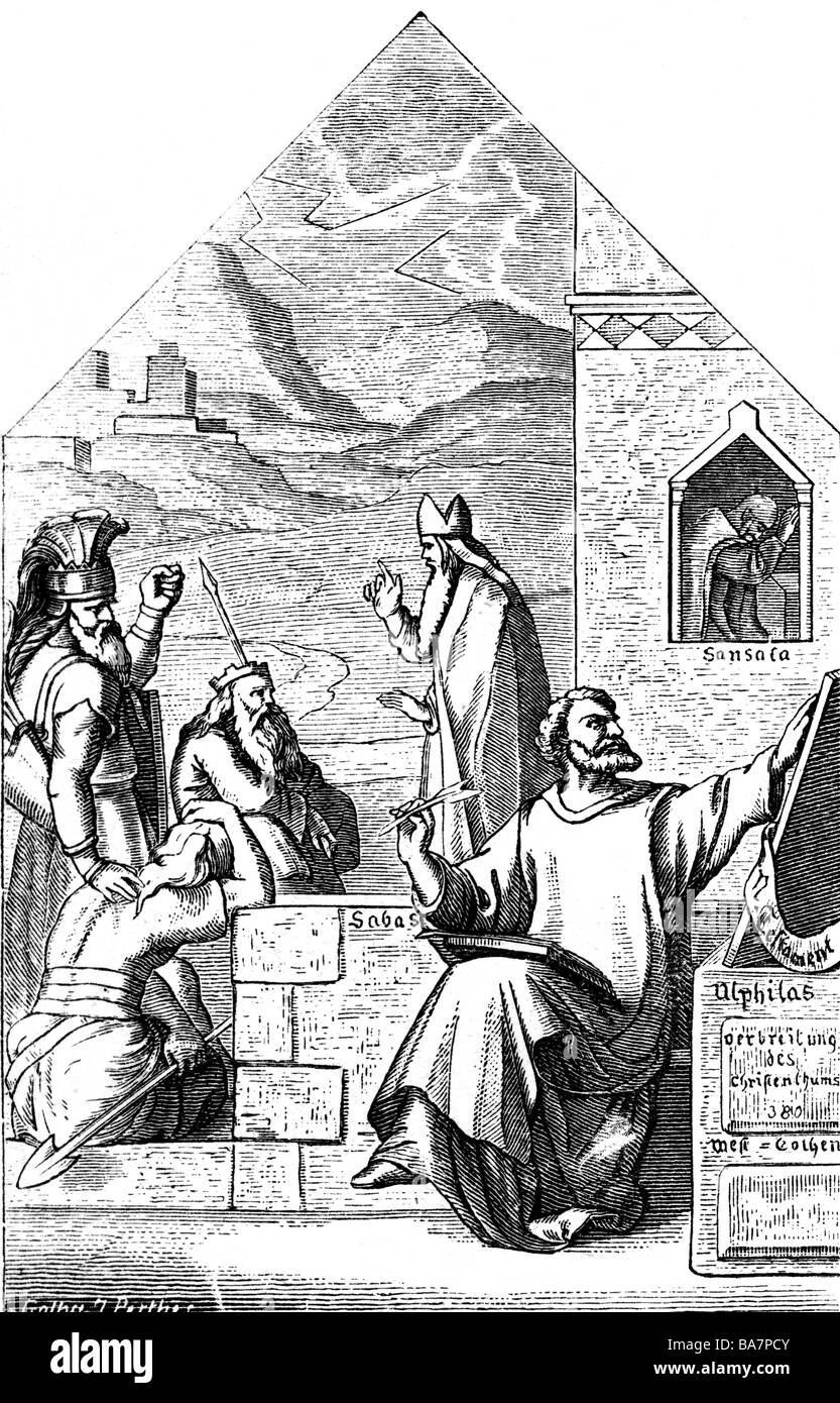 Ulfilas (Wulfila) 311 - 383, Bishop of the Goths, translating the Bible, wood enhgraving, by Karl Hermann, 19th century, , Stock Photo