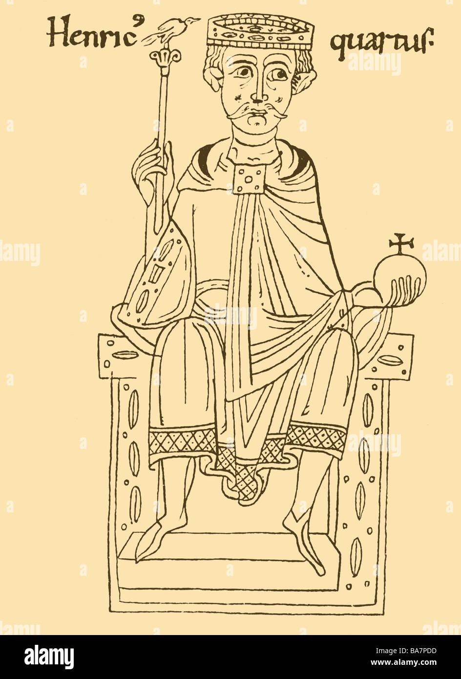Henry IV, 11.11.1050 - 7.8.1106, Holy Roman Emperor 5.10.1084 - 31.12.1105, full length, after miniature from Monk Ekkeharde of Aurach, Emperor chronic, 113 AD, Stock Photo