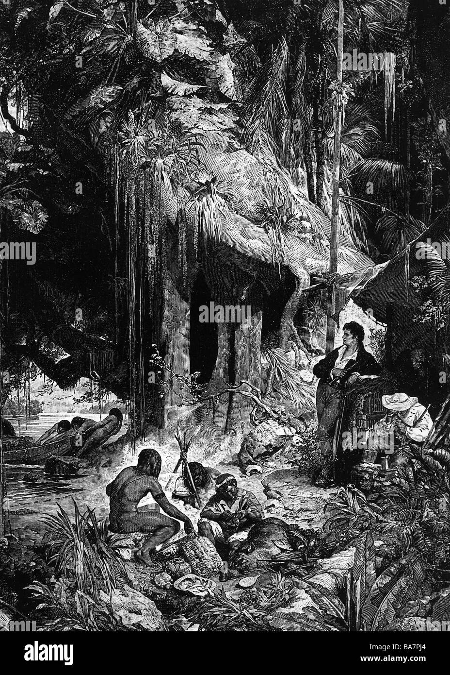 Humboldt, Alexander von, 14.9.1769 - 6.5.1859, German scientist (naturalist and geographer), full length, with Bonpland at Orinoco, print after painting by Ferdinand Keller, Stock Photo