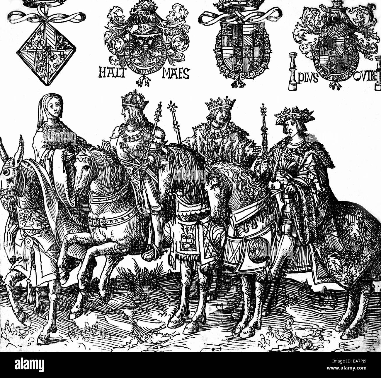 Maximilian I, 22.3.1459 - 12.1.1519, Holy Roman Emperor 4.2.1508 - 12.1.1519, with wife Mary of Burgundy, son Philipp 'the Handsome' and grandson Charles V, woodcut by Jacob Cornelisz van Oostsanen, 'Counts and Countesses of Holland', circa 1520, , Stock Photo