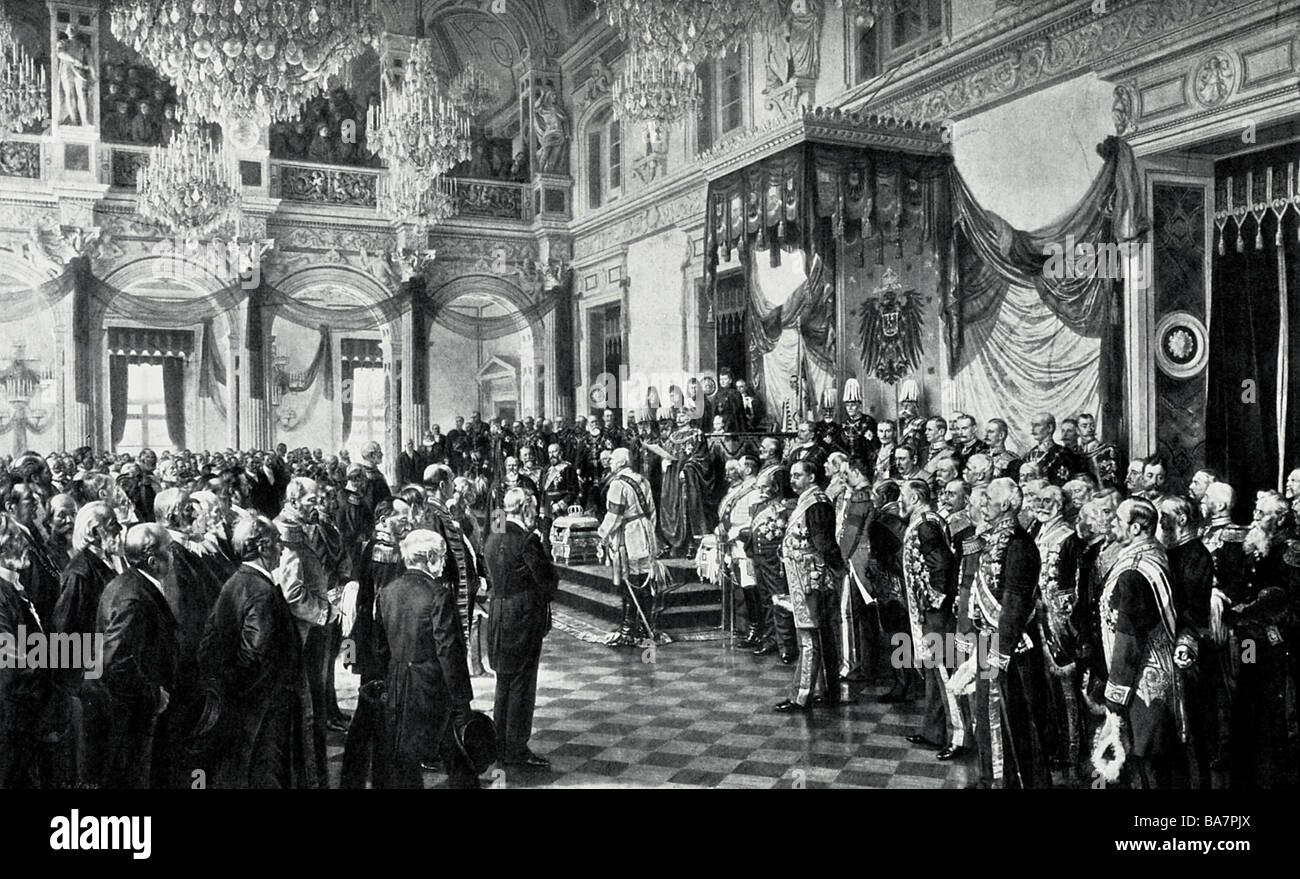 William II, 27.1.1859 - 4.6.1941, German Emperor 15.6.1888 - 9.11.1918, opening the Imperial Diet, Berlin, 15.6.1888, after painting by Anton von Werner, , Stock Photo