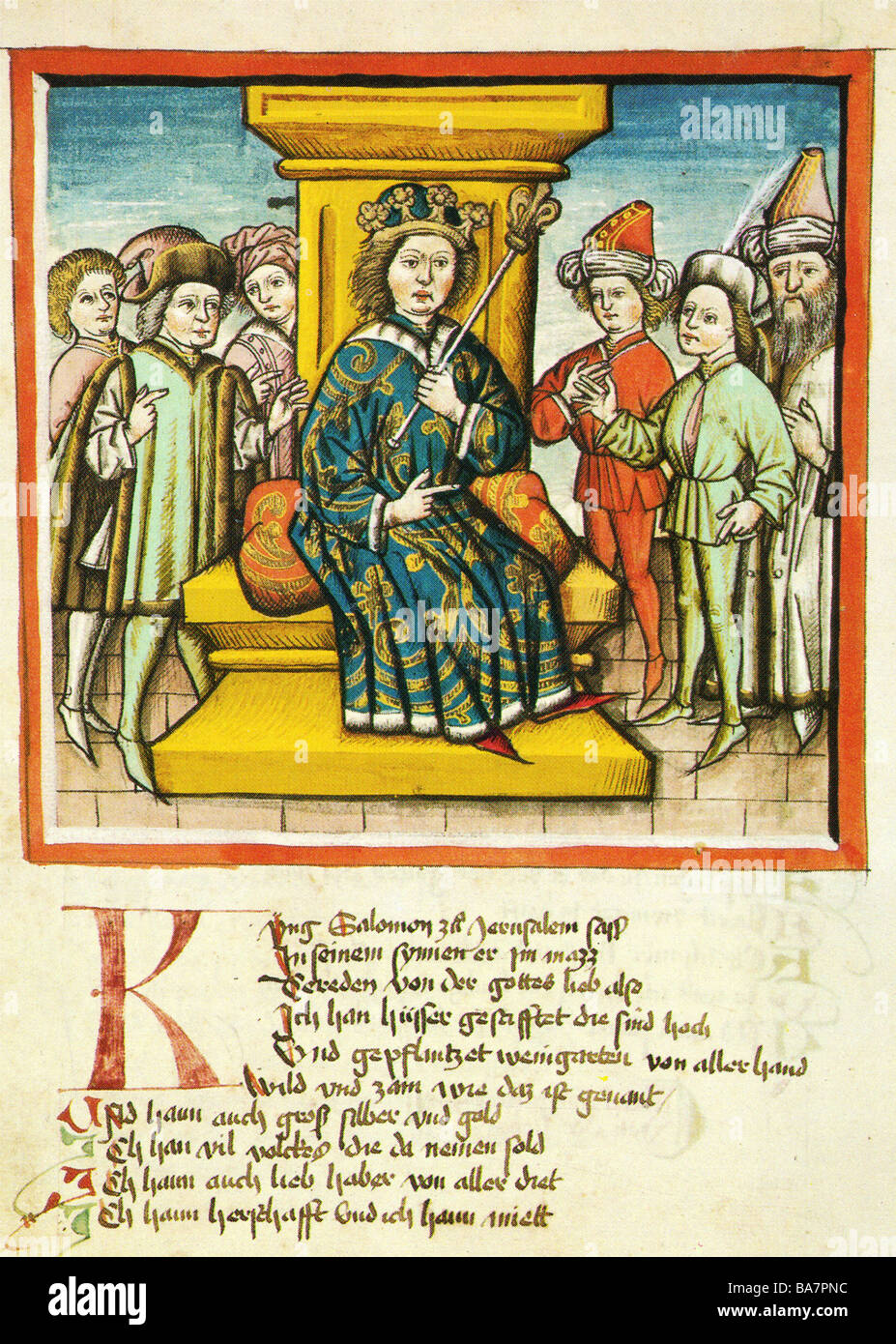 Solomon, King of Israel circa 971 - 931 BC, mediaeval miniature from 'Die Blumen der Tugend' (The Flowers of Virtue) by Hans Vintler, 15th century, Gotha, Germany, Research and State Library, Stock Photo