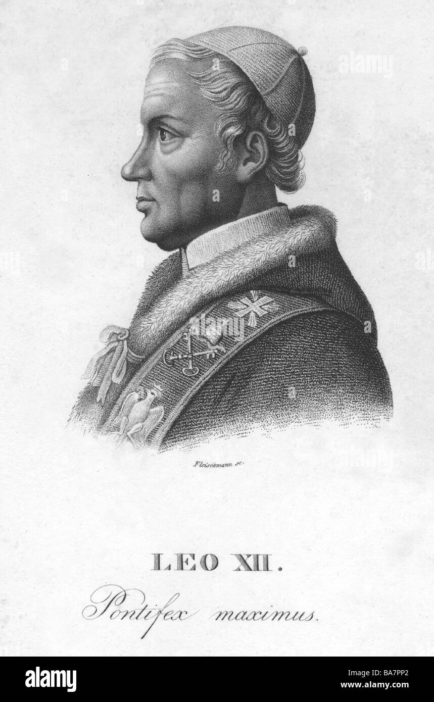 Leo XII (Annibale della Genga), 22.8.1760 - 10.2.1829, pope 1823 - 1829, portrait, side view, steel engraving by Andreas J. Fleischmann (1811 - 1878), printed by Friedrich Campe, Nuremberg, Artist's Copyright has not to be cleared Stock Photo