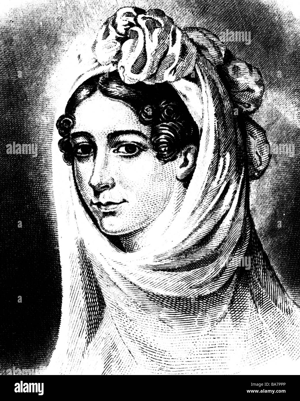 Stowe, Harriet Elizabeth Beecher, 14.6.1811 - 1.7.1896, US author / writer, as young woman, portrait, wood engraving, circa 1825, Stock Photo