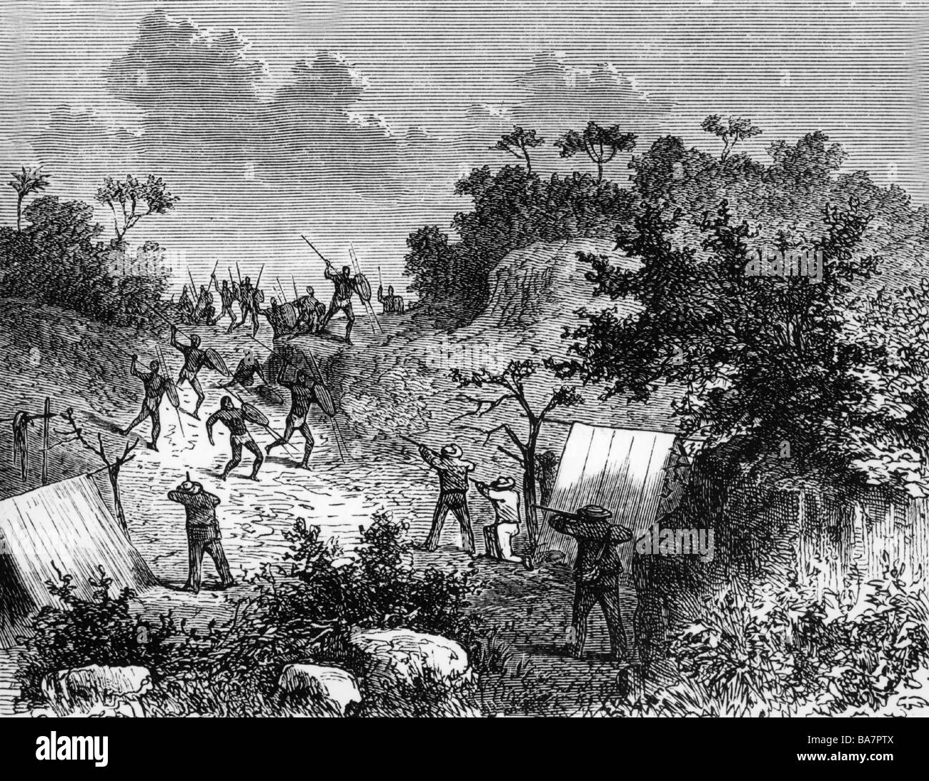 Stuart, John MacDouall, 7.9.1815 - 5.6.1866, British explorer of Australia, expedition 1862, natives (Aborigines) attacking his camp, wood engraving, 1879, Stock Photo
