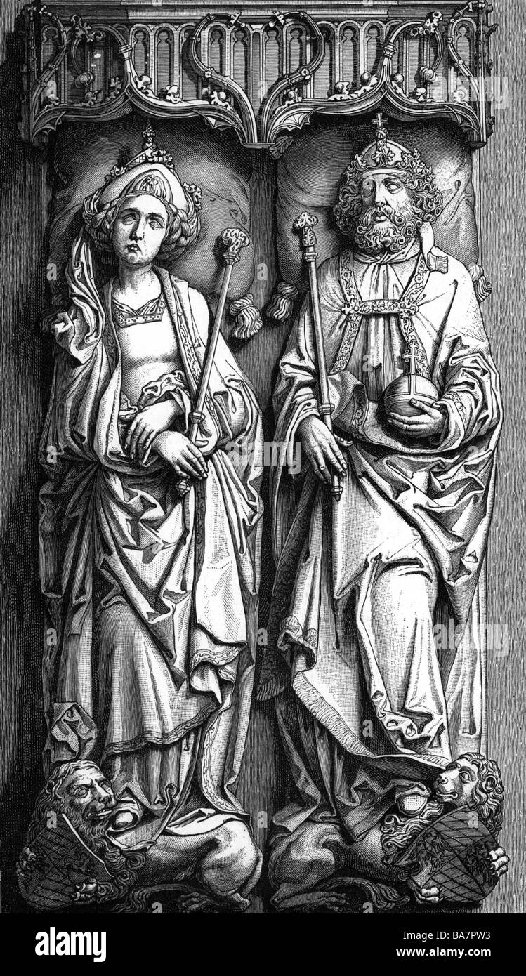 Henry II 'the Saint', 6.5.973 - 13.7.1024, Holy Roman Emperor  14.2.1014 - 13.7.1024, with his wife Kunigunde, wood engraving, after tomp plate by Tilman Riemenschneider, 1513, Bamberg Cathedral, Stock Photo
