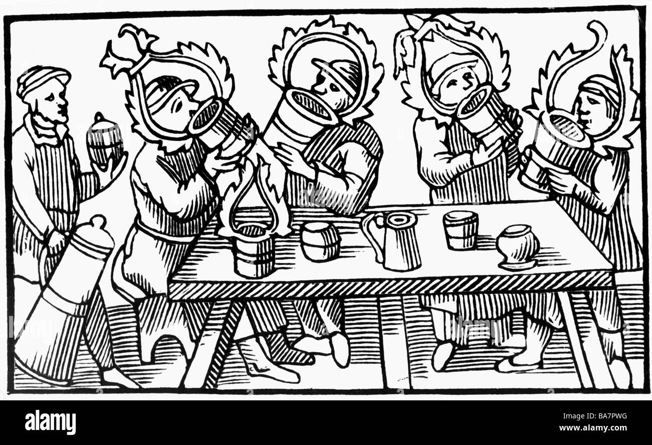 alcohol, beer, the great boozers of the North, woodcut, Olaus Magnus 'Historia de gentibus septentrionalibus', Antwerp, 1560, , Stock Photo
