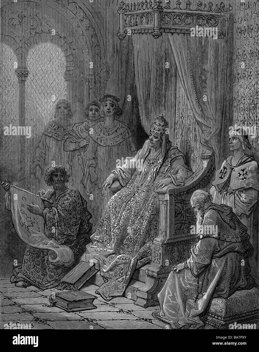 John XXI (Pedro Juliao), circa 1215 - 20.5.1277, pope since 1276, receiving Sanuto, wood engraving, after Gustave Dore (1832 - 1883), Artist's Copyright has not to be cleared Stock Photo