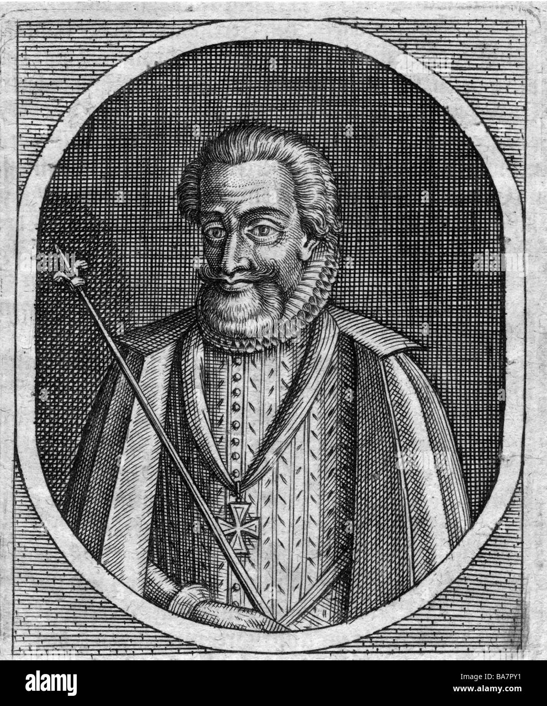 Henri IV, 13.12.1553 - 14.5.1610, King of France 27.2.1594 - 14.5.1610, portrait in allegory frame, contemporary copper engraving by anonymous, circa 1600, Artist's Copyright has not to be cleared Stock Photo
