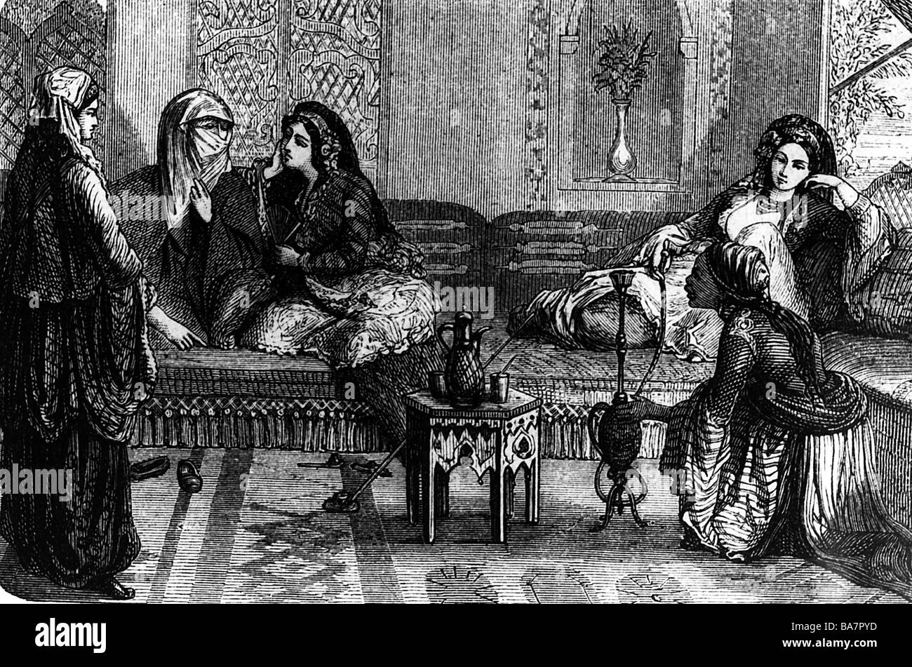 people, women, harem of rich Turkish man, wood engraving, circa 1870, Stock Photo