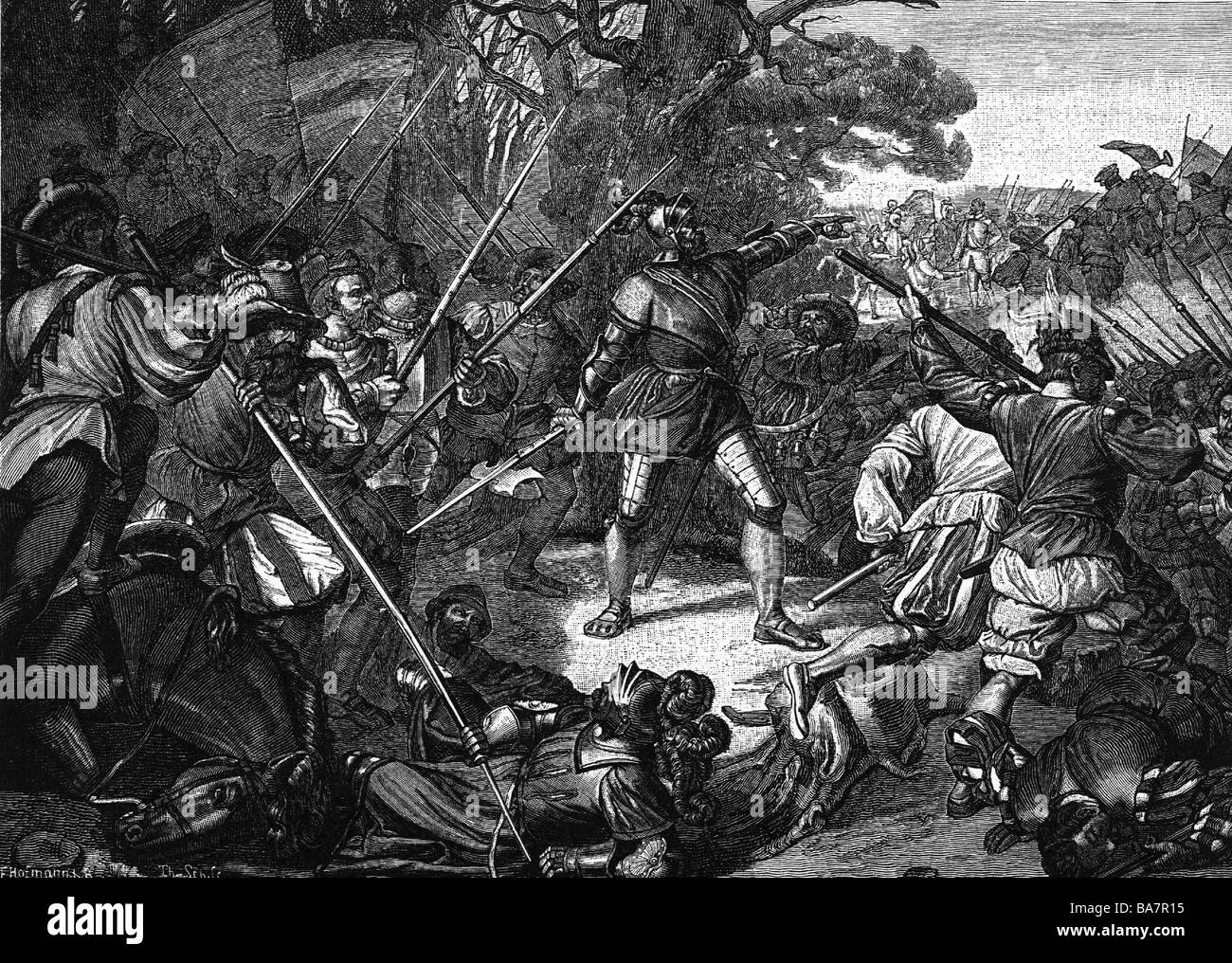 Frundsberg, Georg von, 24.9.1473 - 30.8.1528, German Landsknecht leader, full length, in the Battle of Pavia, 24.2.1525, wood engraving after painting by Anton Bauer, Artist's Copyright has not to be cleared Stock Photo