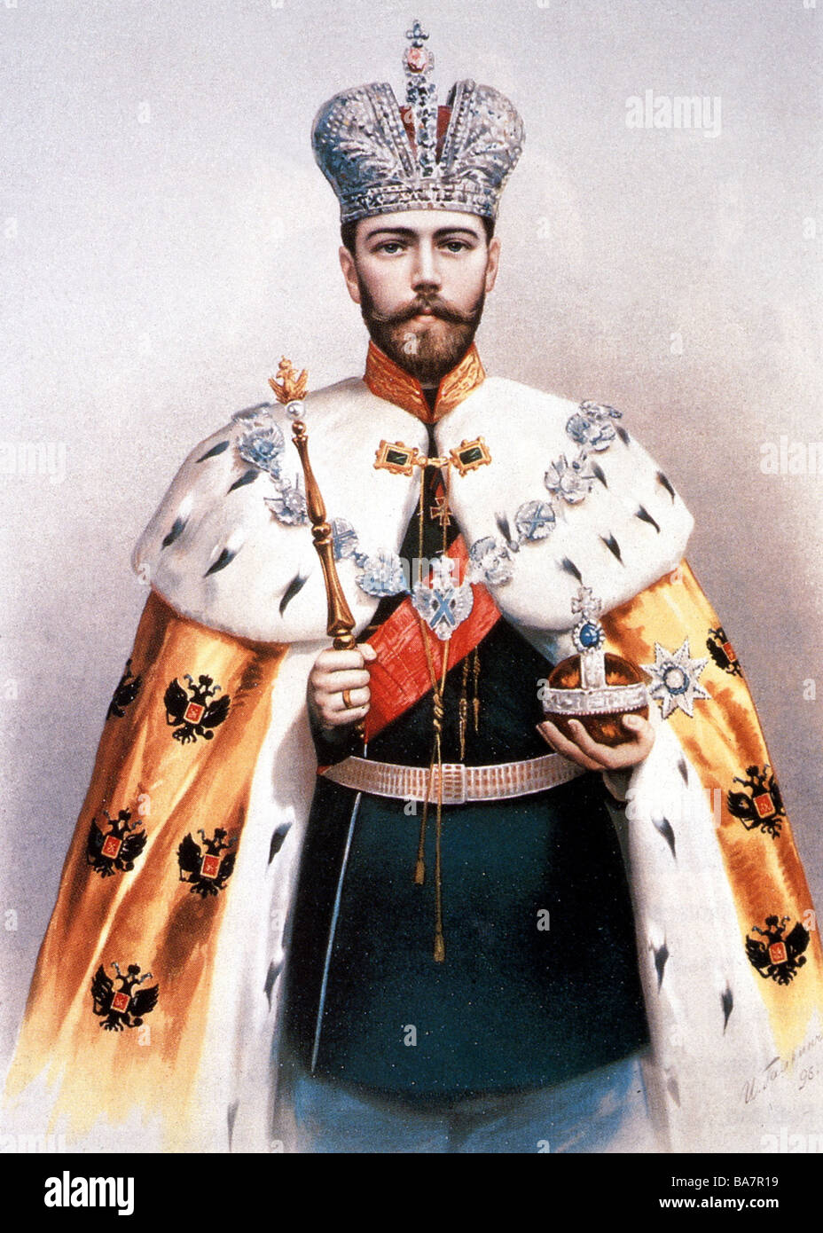 Nicholas II Alexandrovich, 6.5.1868 - 16.7.1918, Emperor of Russia 21.10.1894 - 2.3.1917, half length in coronation robe, lithograph, 1896, , Stock Photo