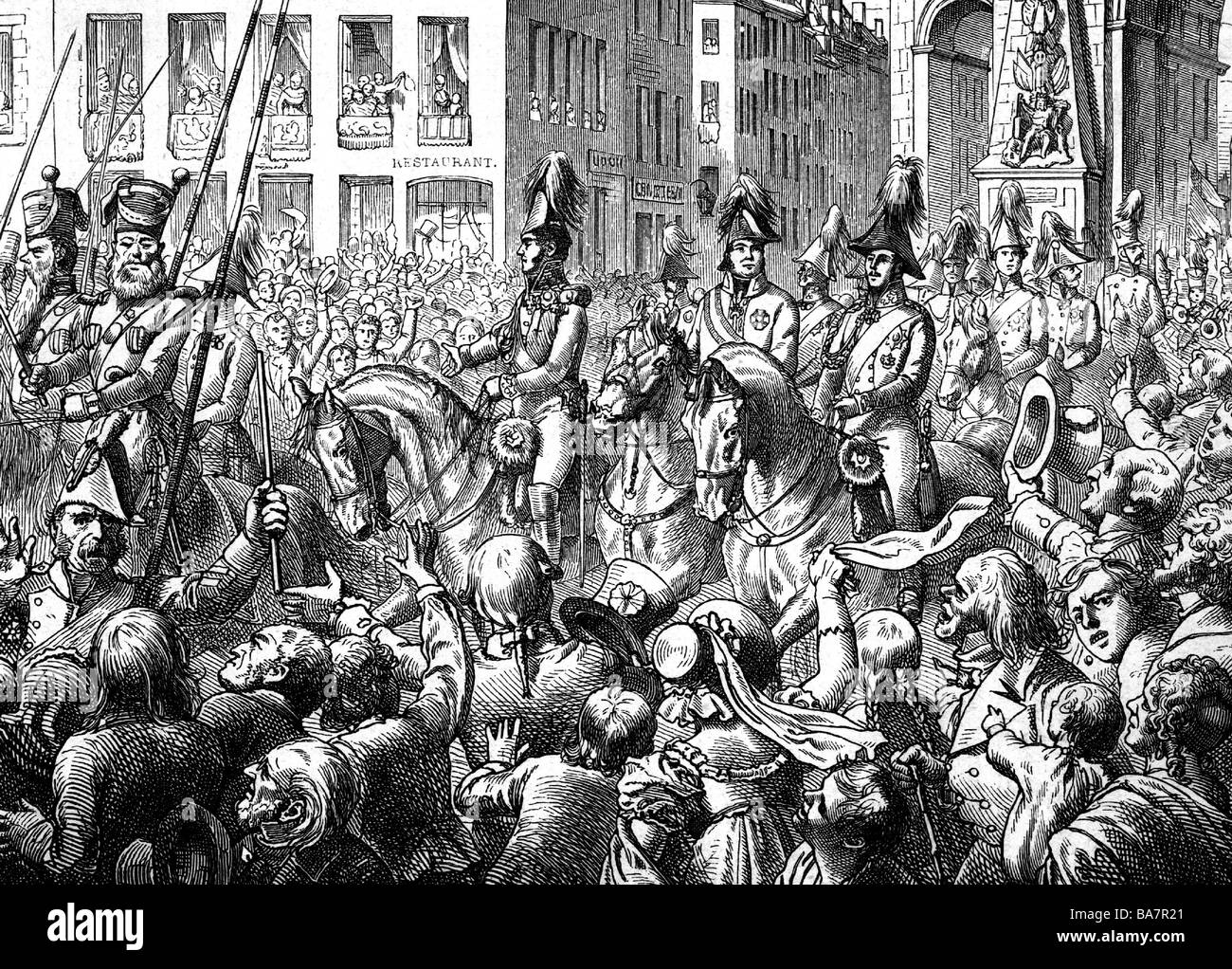 events, War of the Sixth Coalition 1812 - 1814, the Allied entering Paris 31.3.1814, wood engraving after Wilhelm von Camphausen, 19th century, Tsar Alexander I of Russia, Emperor Francis Franz I of Austria, King Frederick William III of Prussia, Napoleonic Wars, France, cossacks, soldiers, cheering, crowd, people, historic, historical, Stock Photo