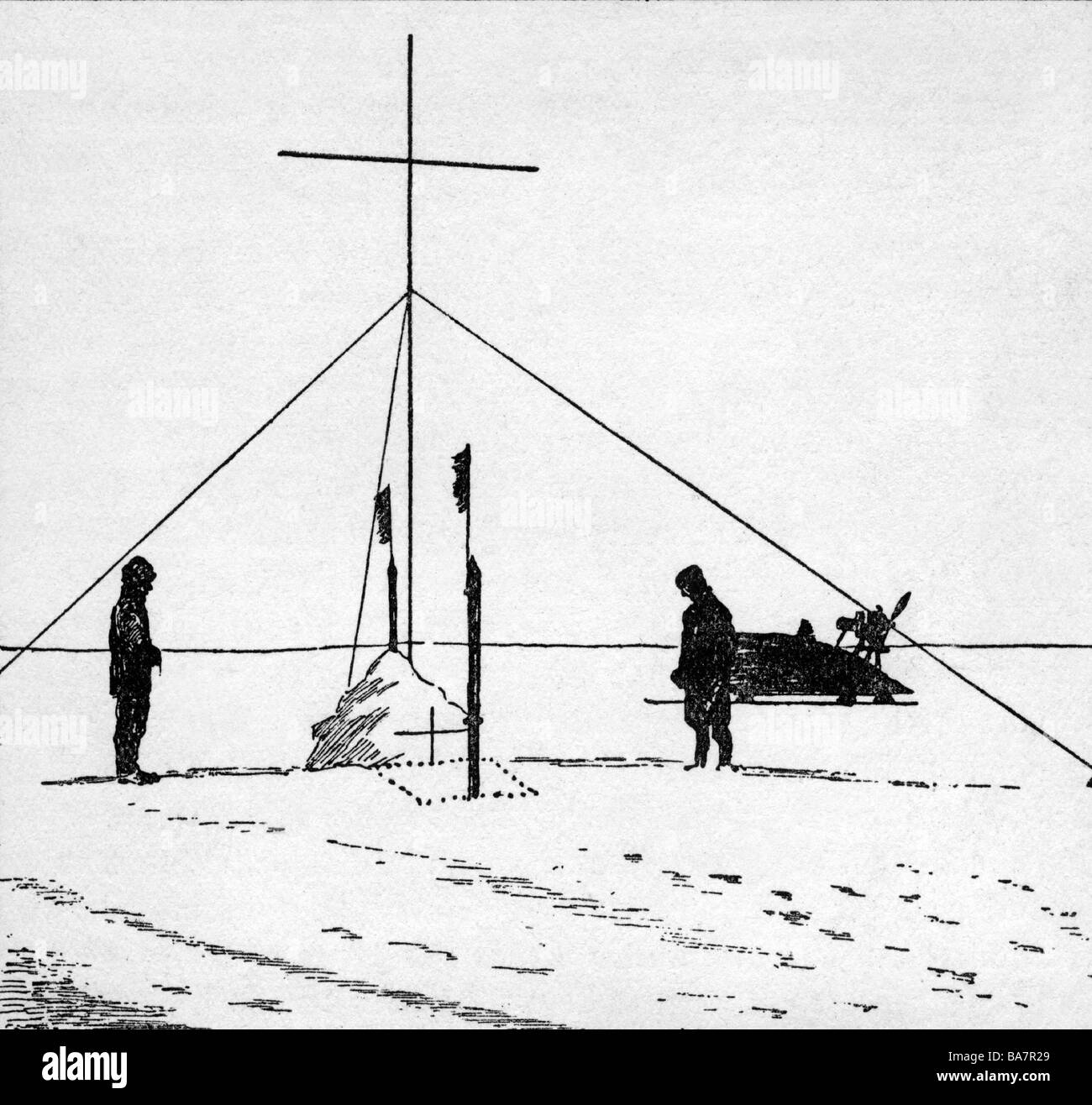 Wegener, Alfred Lothar, 1.11.1880 - November 1930, German geophysicist, meteorologist, his grave in the ice of Greenland, drawing after photo, circa 1930, Stock Photo