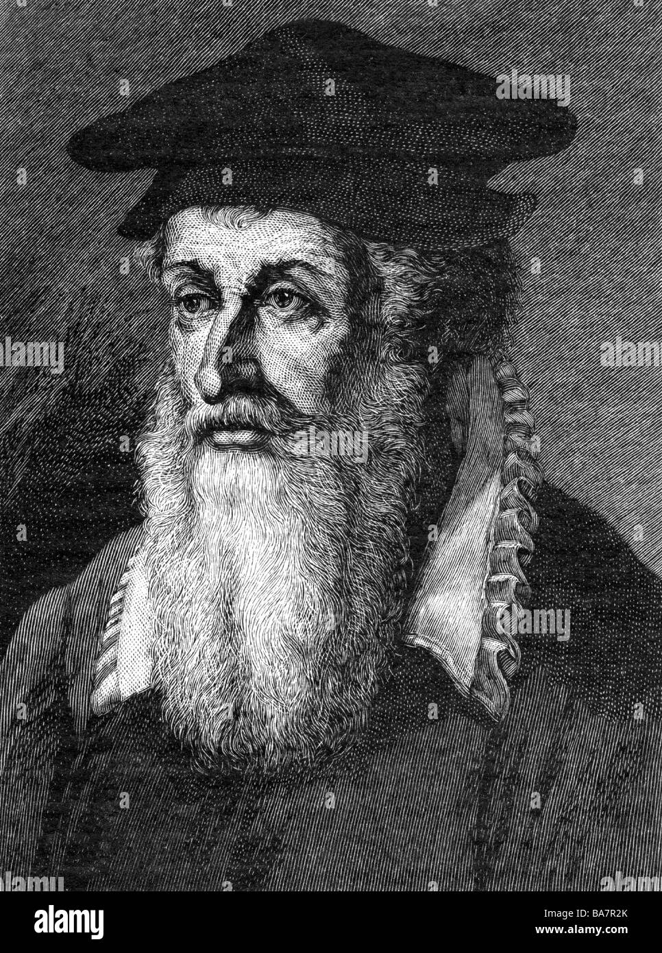 Mercator, Gerhardus, 5.3.1512 - 2.12.1594, Flemish mathematician and cartographer, portrait, woodcut, 19th century, Stock Photo