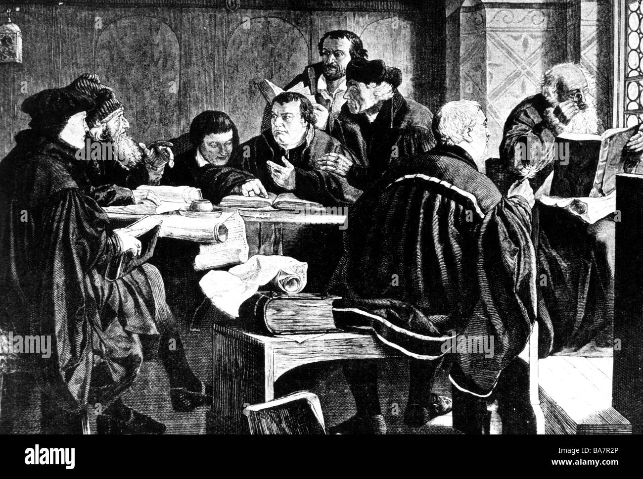 Luther, Martin, 10.11.1483 - 18.2.1546, German theologian, ecclesiastical reformer, translating the bible, Wartburg, Germany, from left to right: Jonas, rabbi,  Bugenhagen, Luther, Melanchthon, Artist's Copyright has not to be cleared Stock Photo