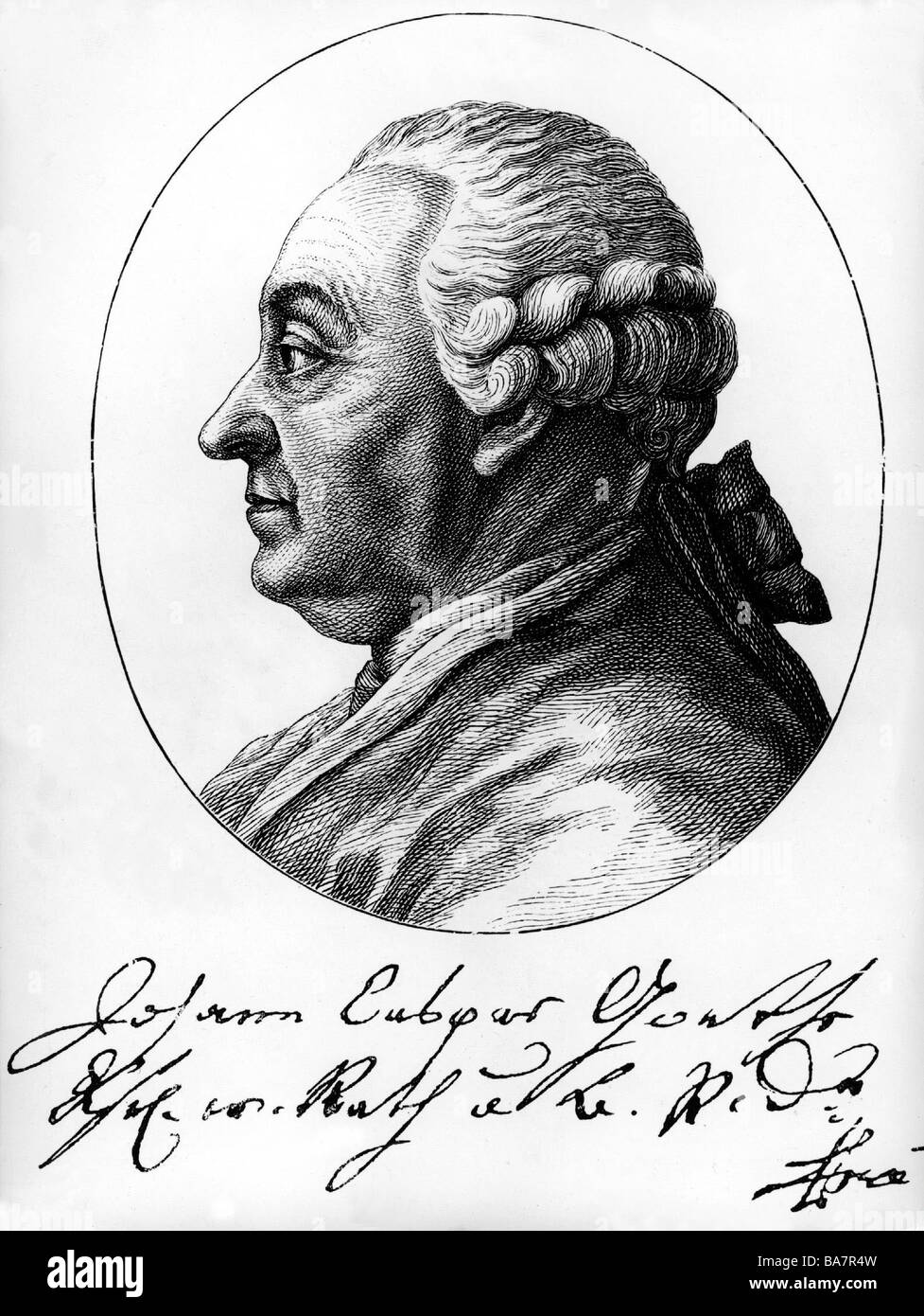 Goethe, Johann Kaspar, 29.7.1710 - 25.5.1782, German jurist, portrait, copper engraving, 'Physiognomische Fragmente' by Johann Caspar Lavater, 1777, below his signature on a receipt, 1776, , Artist's Copyright has not to be cleared Stock Photo