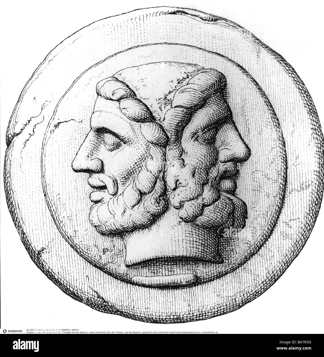 Janus, Roman god of gates, doors, doorways, beginnings and endings, wood engraving, after Roman copper coin, Stock Photo
