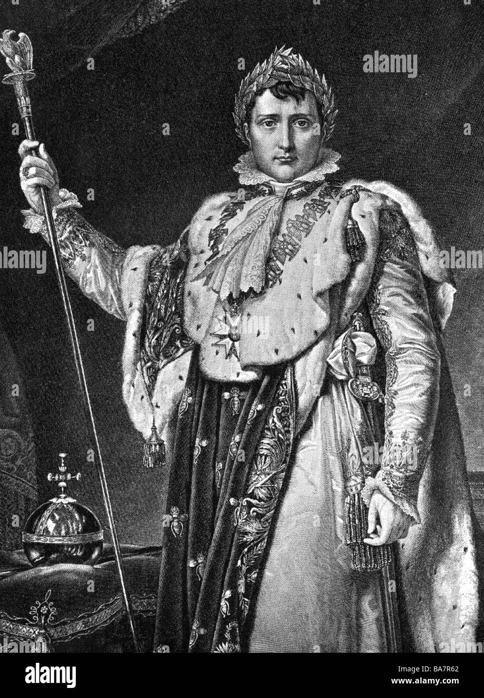 Napoleon I, 15.8.1769 - 5.5. 1821, Emperor of the French 2.12.1804 - 22.6.1815, in coronation regalia, copper engraving by Schuler and Metzeroth, 1805,  , Artist's Copyright has not to be cleared Stock Photo