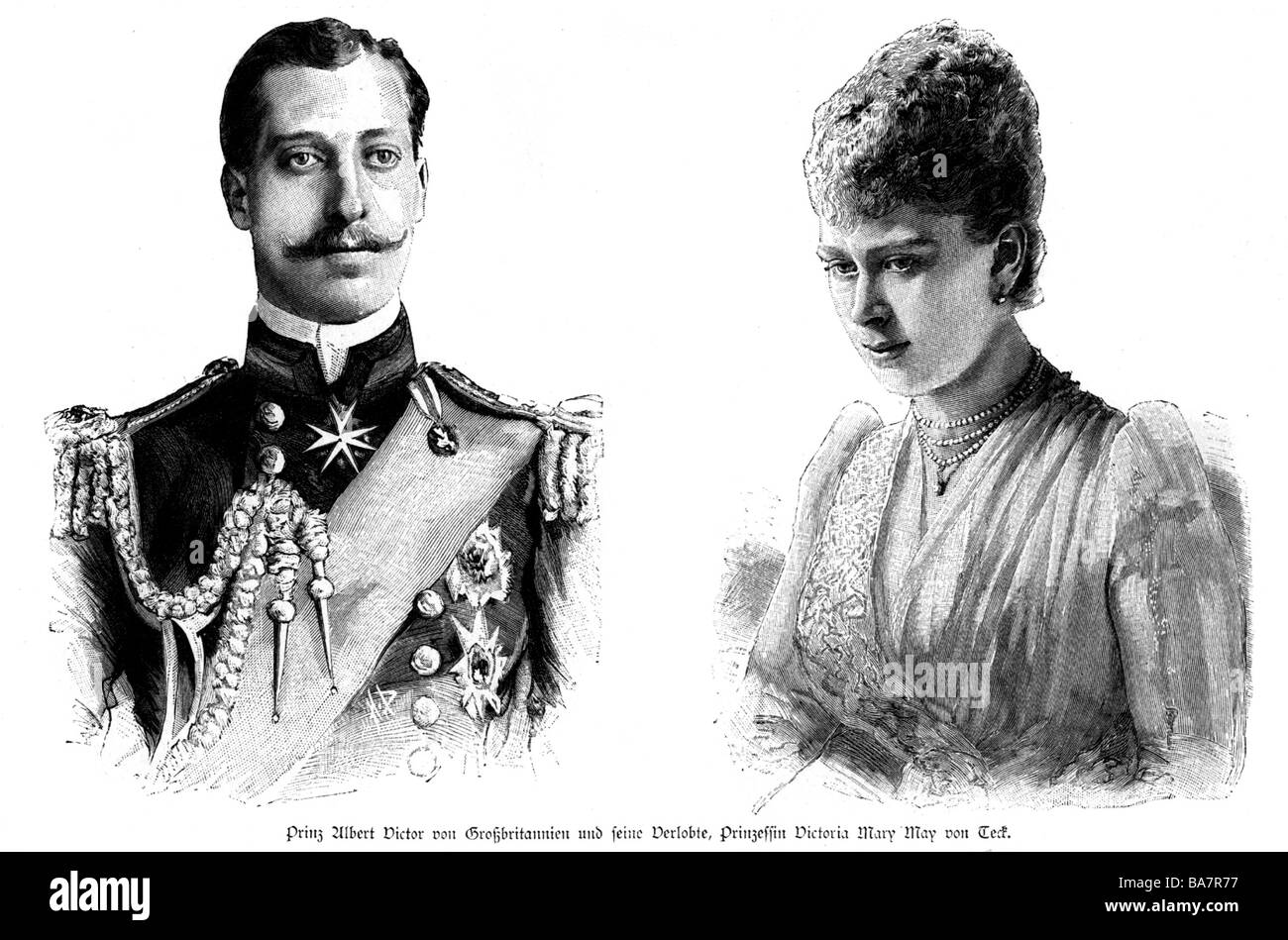 Albert Victor, 8.14.1864 - 14.2.1892, Duke of Clarence and Avondale since 1891, portrait, with fiance, wood engraving, 1891, Stock Photo