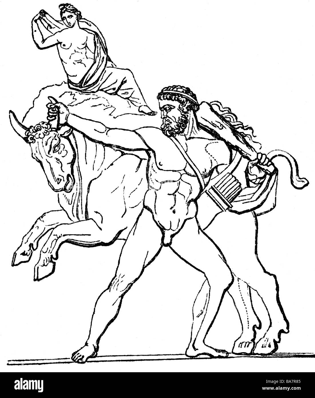 Heracles, Greek deity and divine hero, full length, fighting with Minoan Taurus, wood engraving, 19th century, after ancient relief, Museo Vaticano, Stock Photo