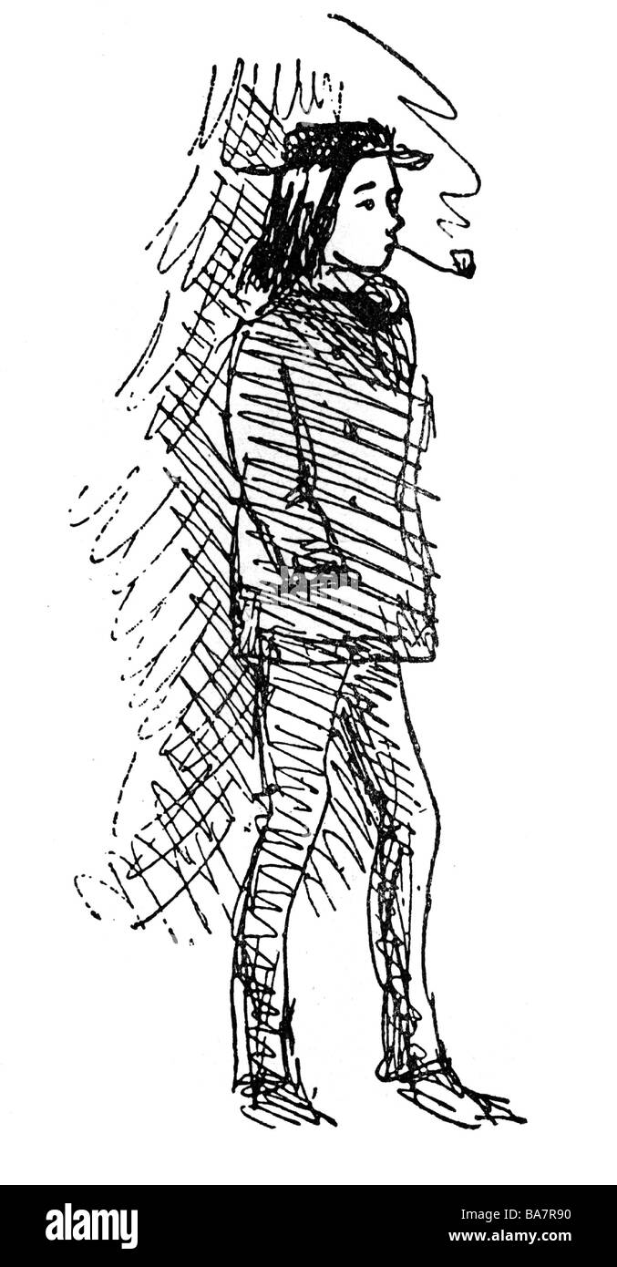 Rimbaud, Arthur, 20.10.1854 - 10.11.1891, French poet, full length, drawing by Paul Verlaine, late 19th century, Stock Photo