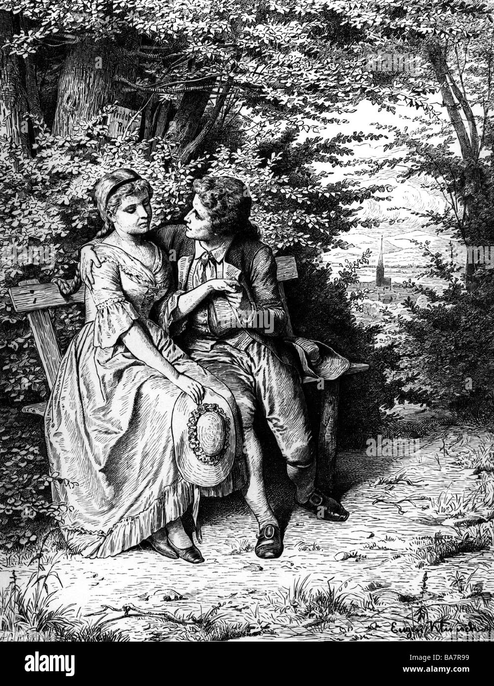 Goethe, Johann Wolfgang, 28.8.1749 - 22.3.1832, German author / writer, with Friederike Brion, Sesenheim, 1770/1771, wood engraving after drawing by Eugen Klimsch, 19th century, , Stock Photo