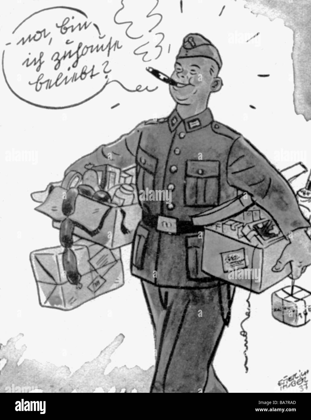 National Socialism / Nazism, military, army, humour, postcard, happy soldier: 'You see, do they love me at home?', drawing, by Emmerich Huber, Germany, 1937, Stock Photo