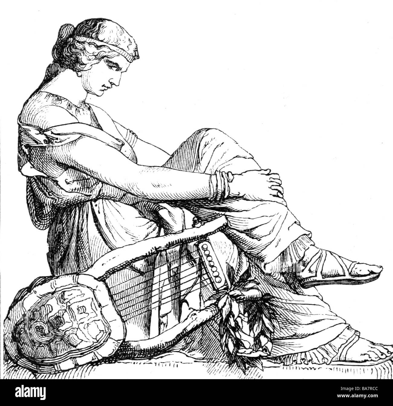 Sappho, Ancient Greek lyric poet, circa 620 BC - circa 570 BC, half length, sitting, wood engraving after sculpture by Jean Jacques Pradier, 1852, Stock Photo
