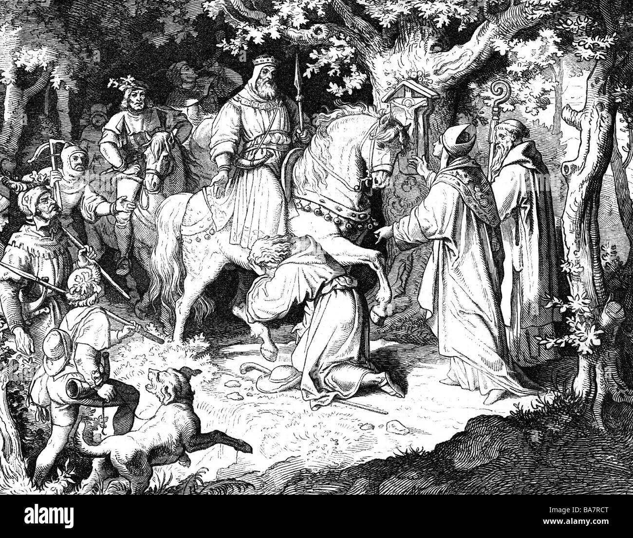 Otto I 'the Great', 23.11.912 - 7.5.973, Holy Roman Emperor 2.2.962 - 7.5.973, his son Ludolf begging for mercy, December 954, wood engraving after drawing by Ludwig Richter (1803 - 1884), Stock Photo