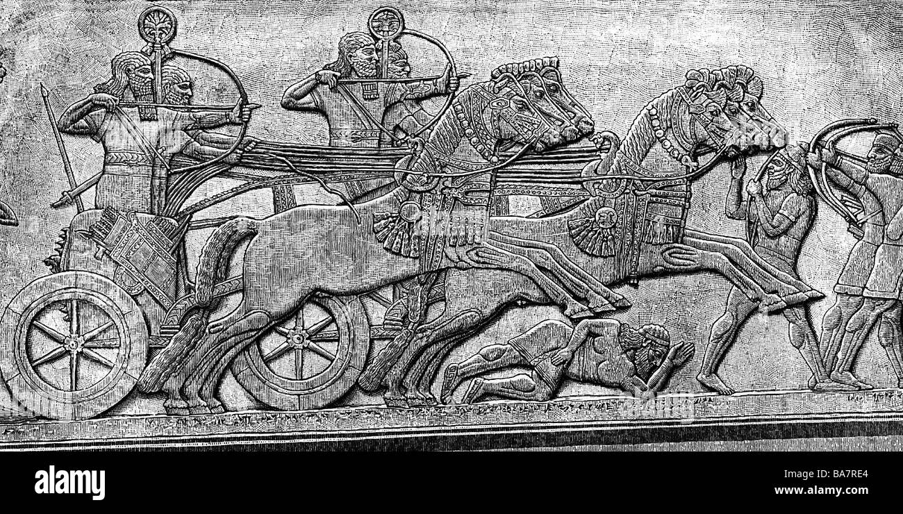 ancient world, Assyria, warriors on chariots, relief from the palace of Ashurnasirpal II (circa 883 - 859 BC) in Nimrud, wood engraving, 19th century, Assyrian Empire, Mesopotamia, war, soldiers, archers, bow and arrow, weapons, military, Kalchu, 9th century BC, historic, historical, ancient world, people, Stock Photo