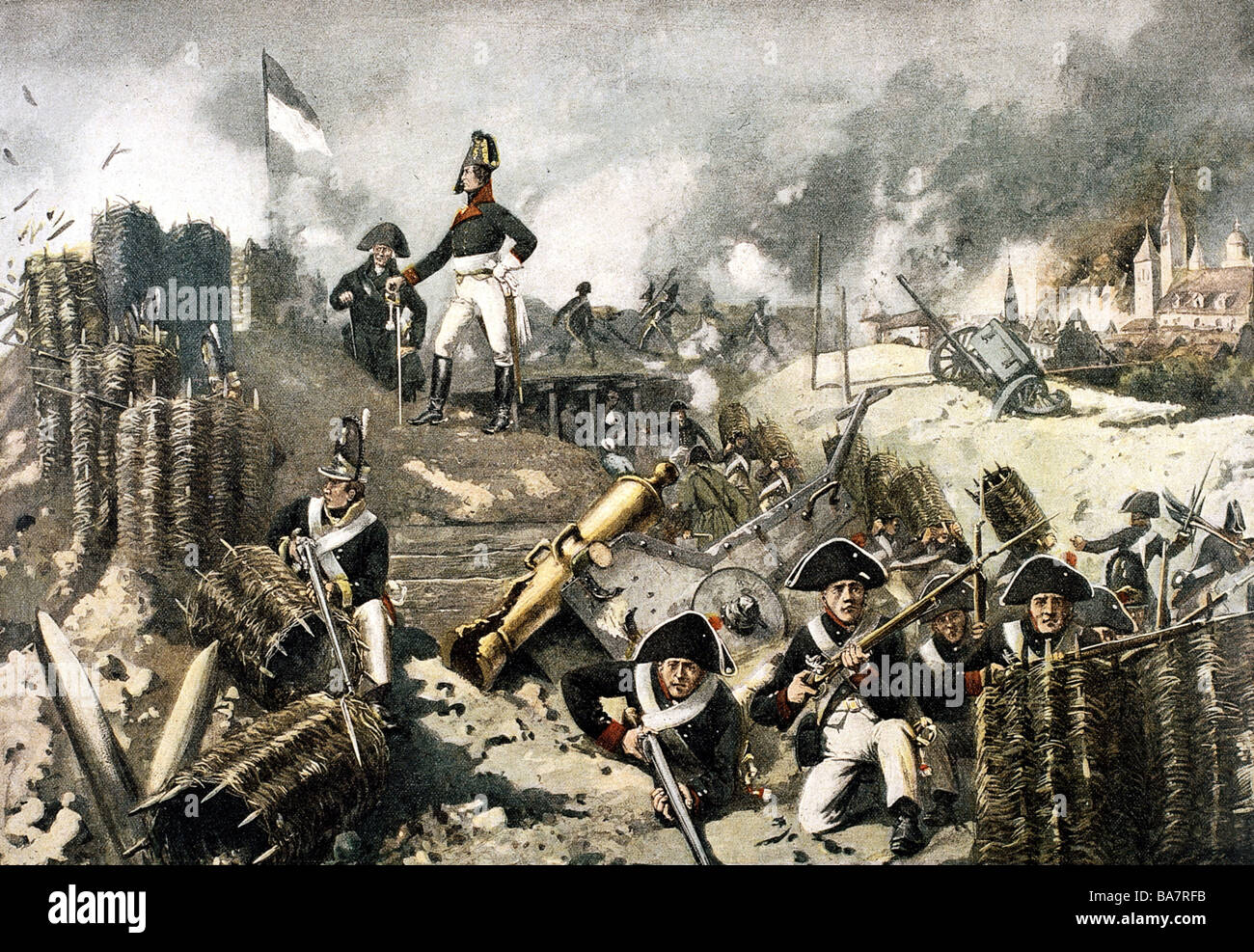 events, War of the Forth Coalition 1806 - 1807, Siege of Kolberg, March - July 1807, general August Wilhelm Neidhardt von Gneisenau and Capitain Joachim Nettelbeck on the walls, after painting by Ernst Zimmer, late 19th century, Napoleonic Wars, Germany, Prussia, Poland, Kolobrzek, Pommerania, grenadier, soldiers, fortifications, rampart, historic, historical, people, Stock Photo