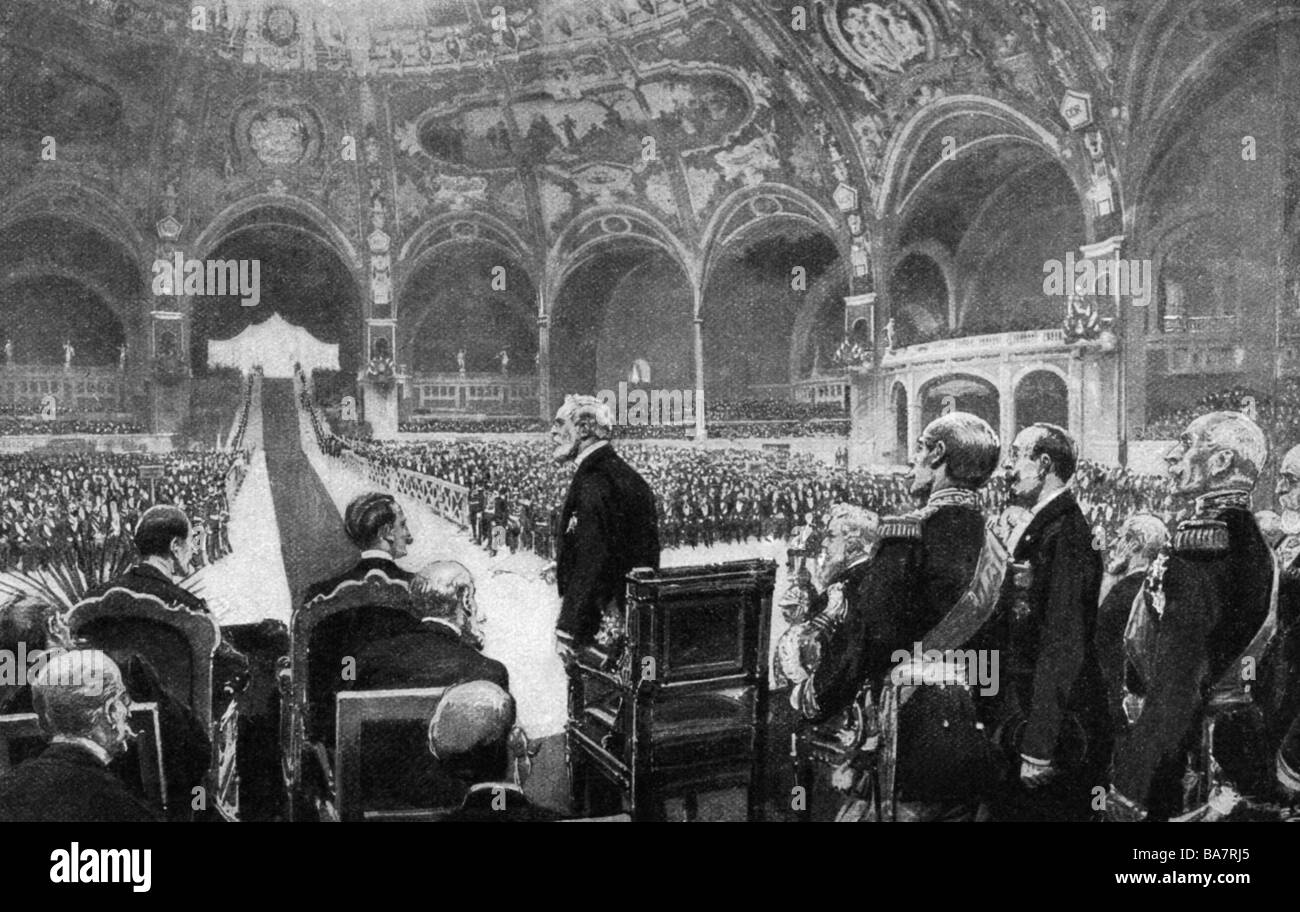 exhibitions, world exposition, Expostion Universelle, Paris, 15.4.1900 - 12.11.1900, opening by President Emile Loubet, 14.4.1900, after drawing by Georges Scott, exhibition, France, ceremony, politician, people, 19th century, historic, historical, Europe, 1900s, Stock Photo
