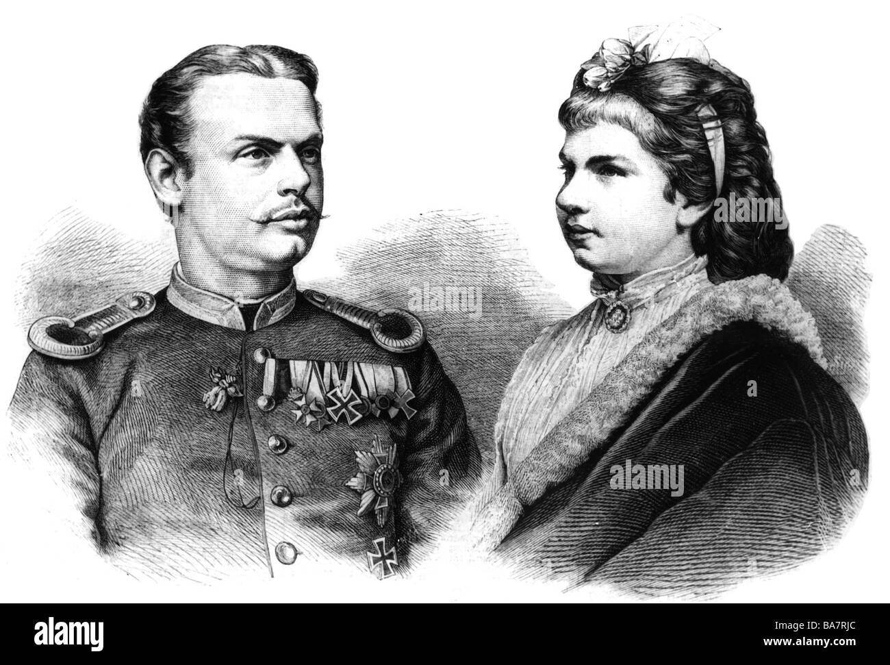 Leopold, 9.2. 1846 - 28.9.1930, Prince of Bavaria, Bavarian general, portrait, with wife Gisela of Austria-Hungary (12.7.1856 - 27.7.1932), wood engraving, published on occasion of their marriage on 20.4.1873, after drawing by F. Weiß, Stock Photo