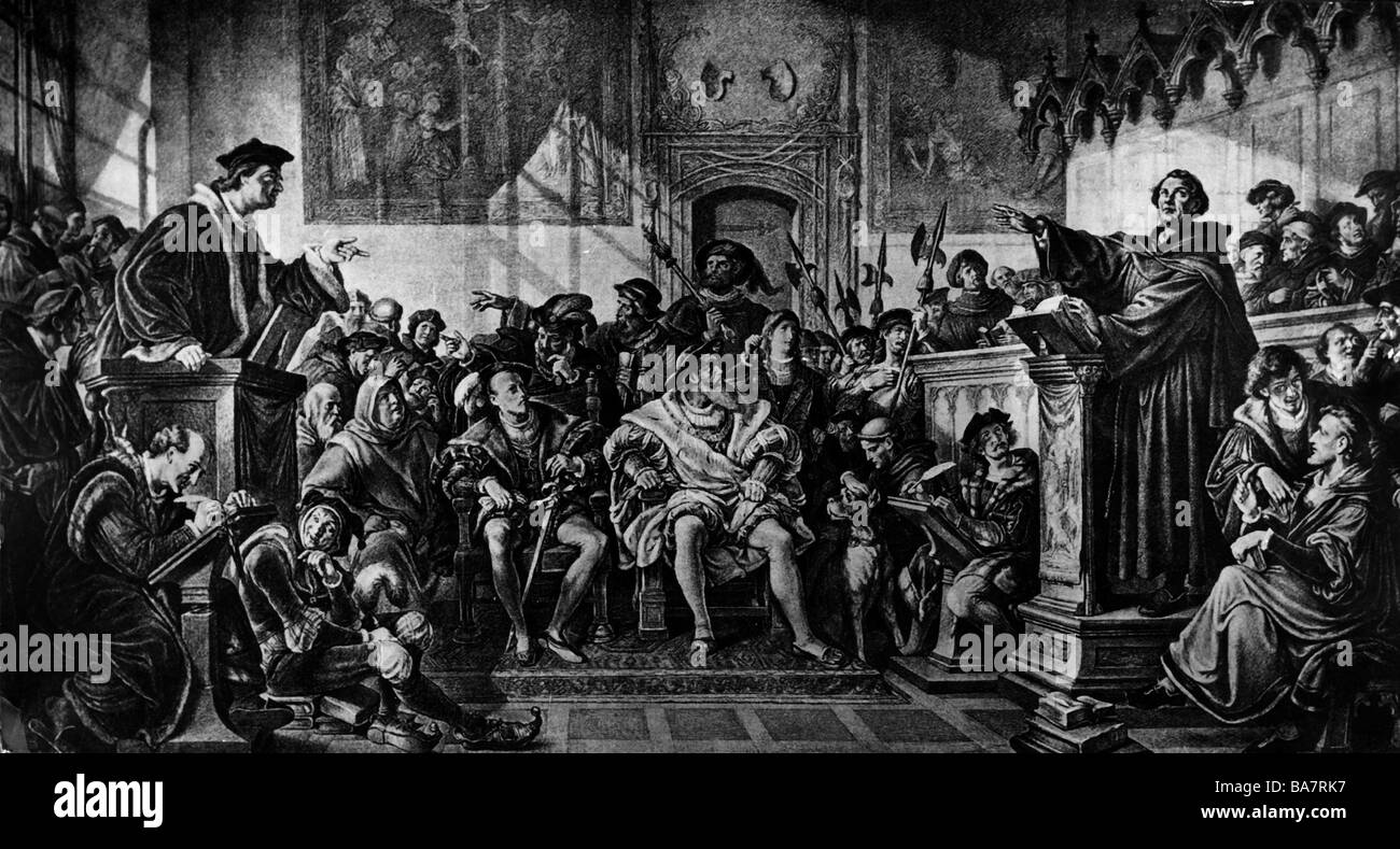 Luther, Martin, 10.11.1483 - 18.2.1546, German theologian, ecclesiastical reformer, disputation with Johann Eck, Leipzig, 1519, image from the 19th century, Stock Photo