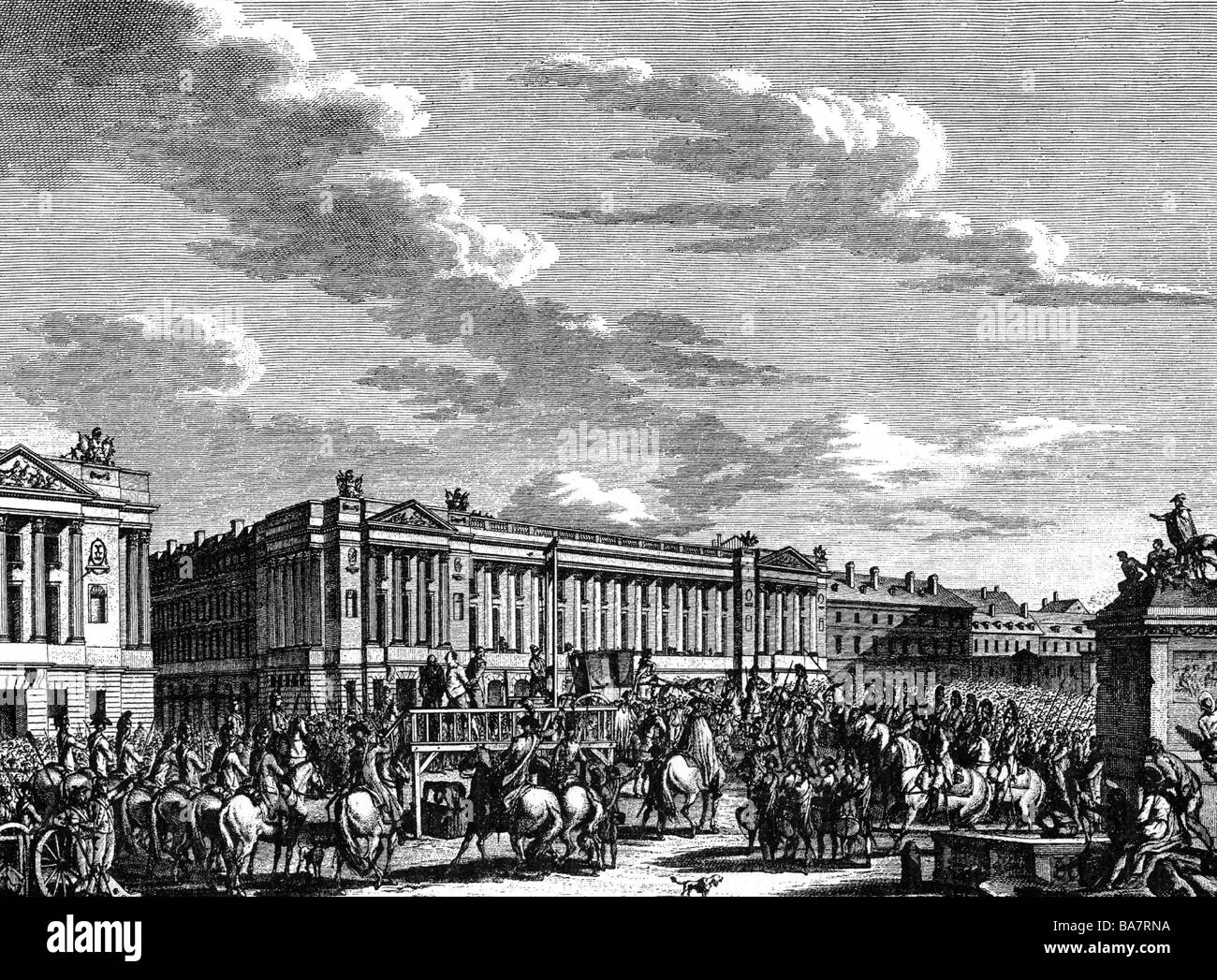 Louis XVI., 23.8.1754 - 21.1.1793, King of France 10.5.1774 - 21.9.1792, death, execution on the Place de la Revolution, Paris, copper engraving after Swebach, 1793, , Artist's Copyright has not to be cleared Stock Photo